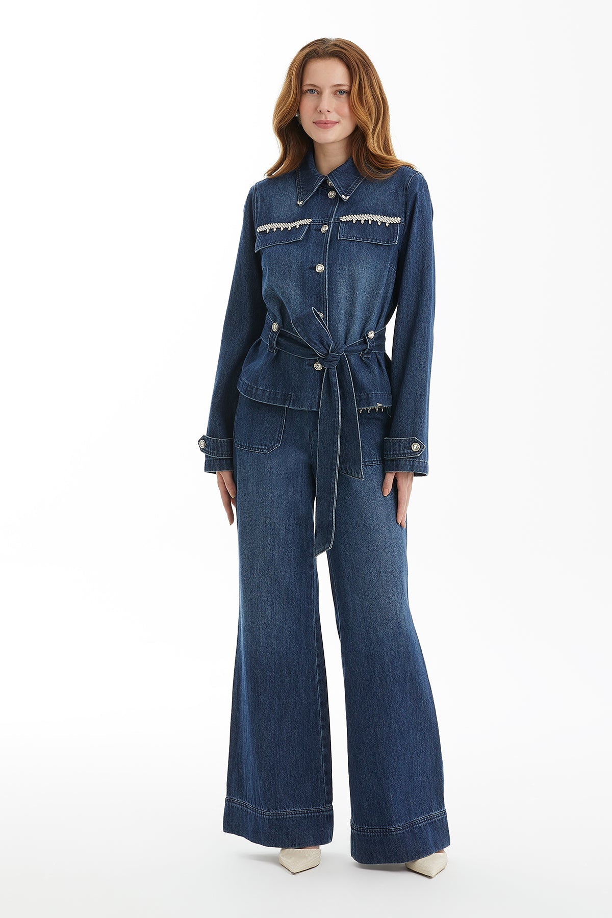 Blue Tie-Belt Stone-Embellished Denim Jacket