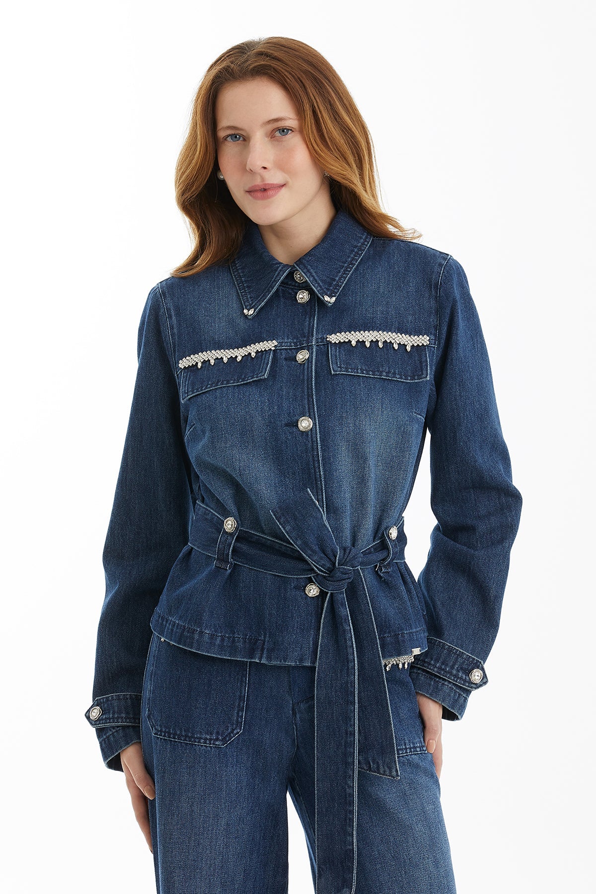 Blue Tie-Belt Stone-Embellished Denim Jacket