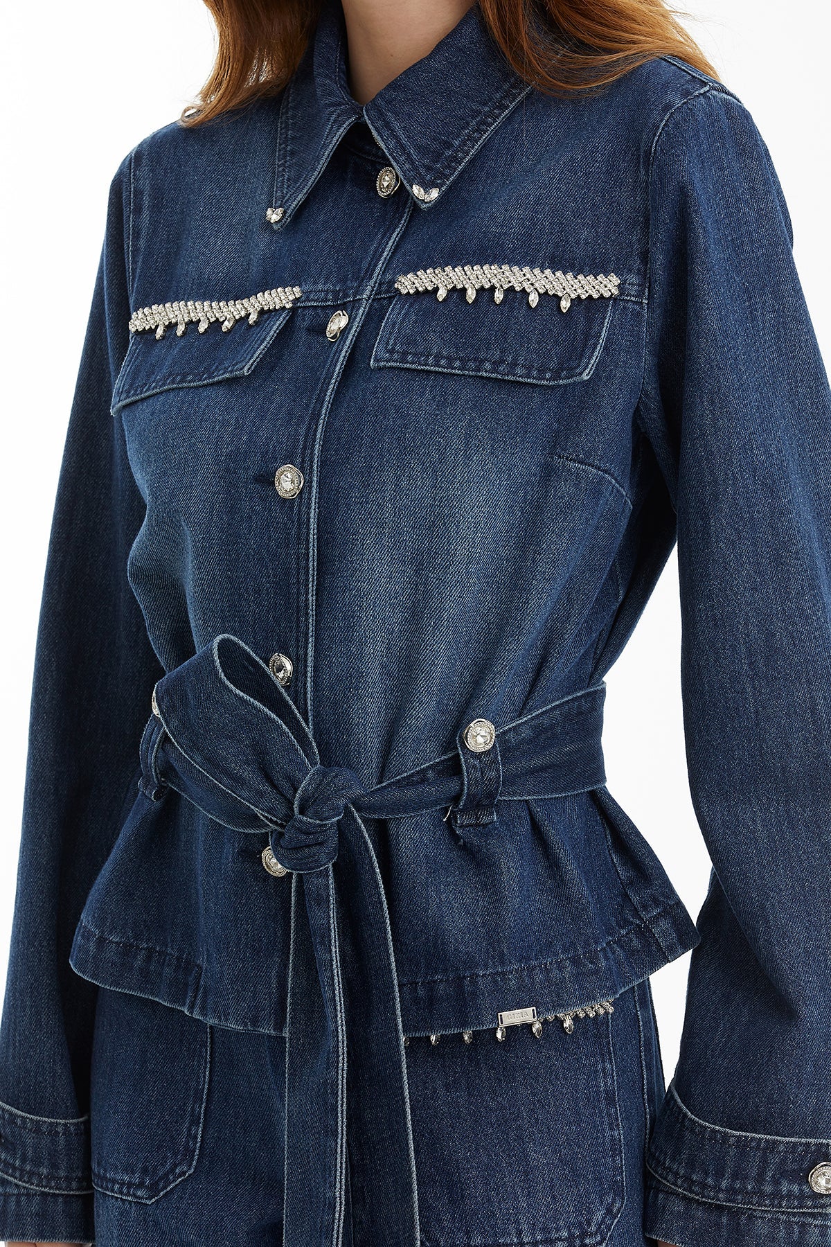 Blue Tie-Belt Stone-Embellished Denim Jacket