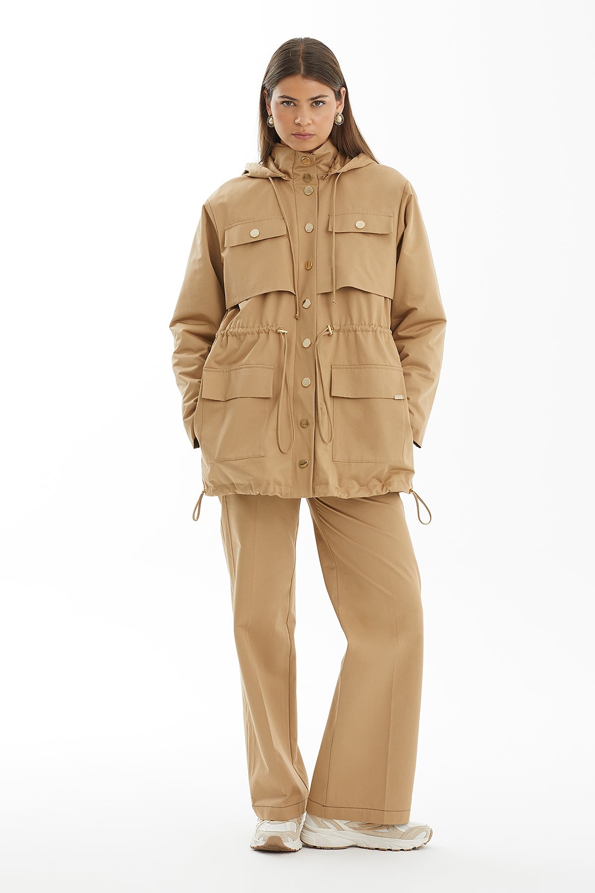 Brown Snap-Button Jacket with Drawstring Stopper Detail