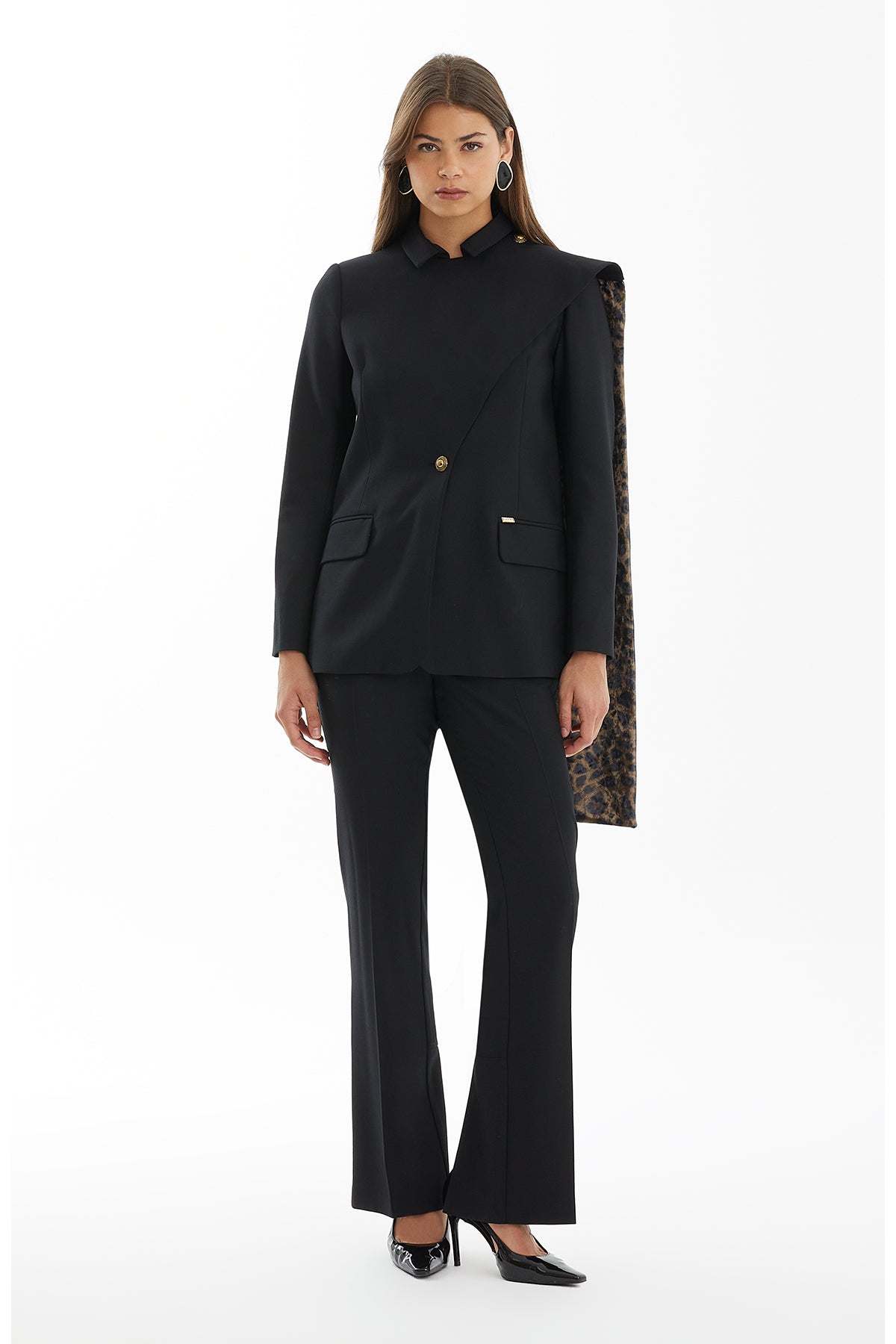 Black Wool Jacket with Leopard Detail and Shawl Collar