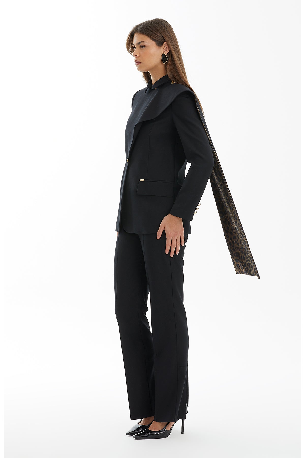 Black Wool Jacket with Leopard Detail and Shawl Collar