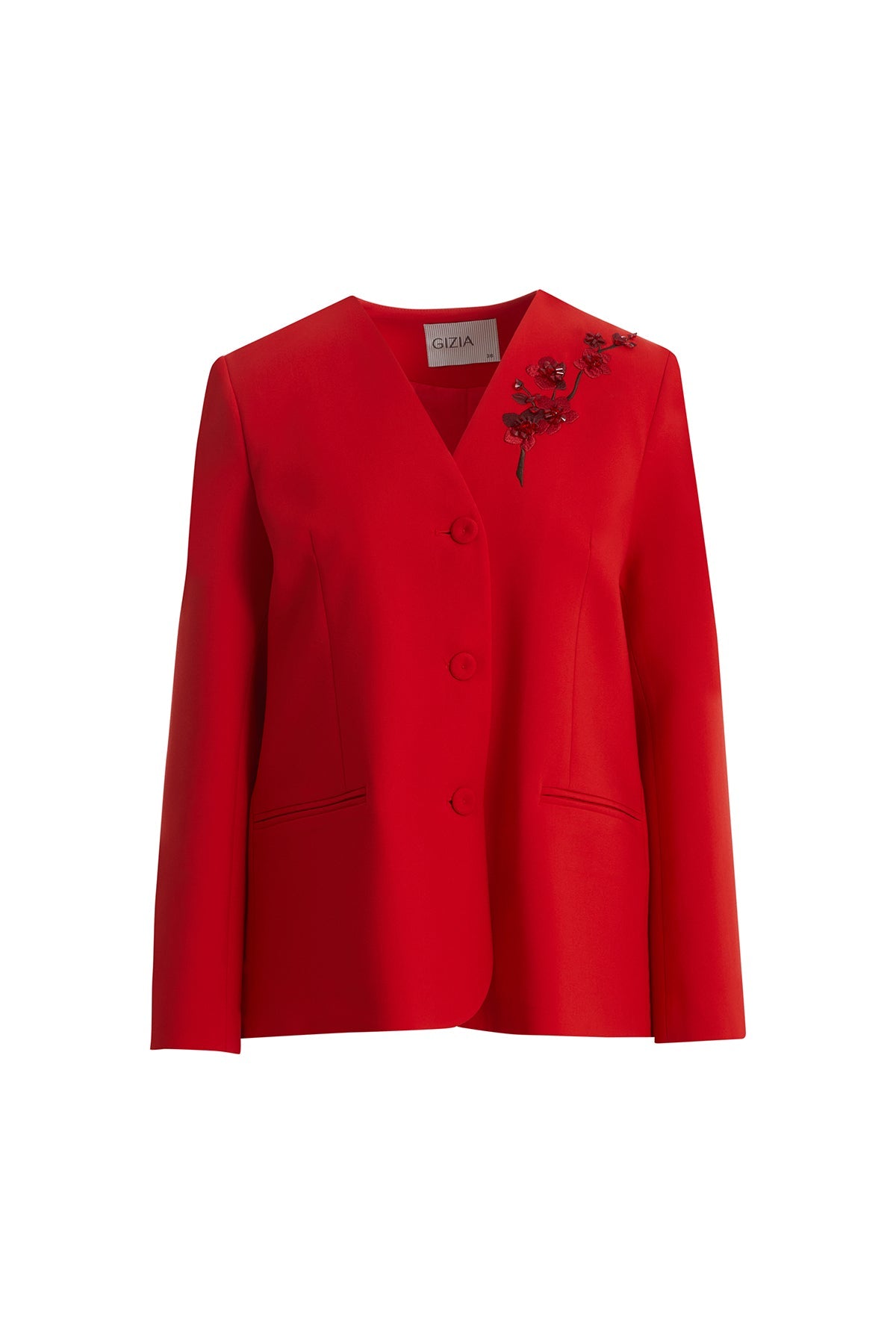 Red Long Jacket with Floral Appliqué