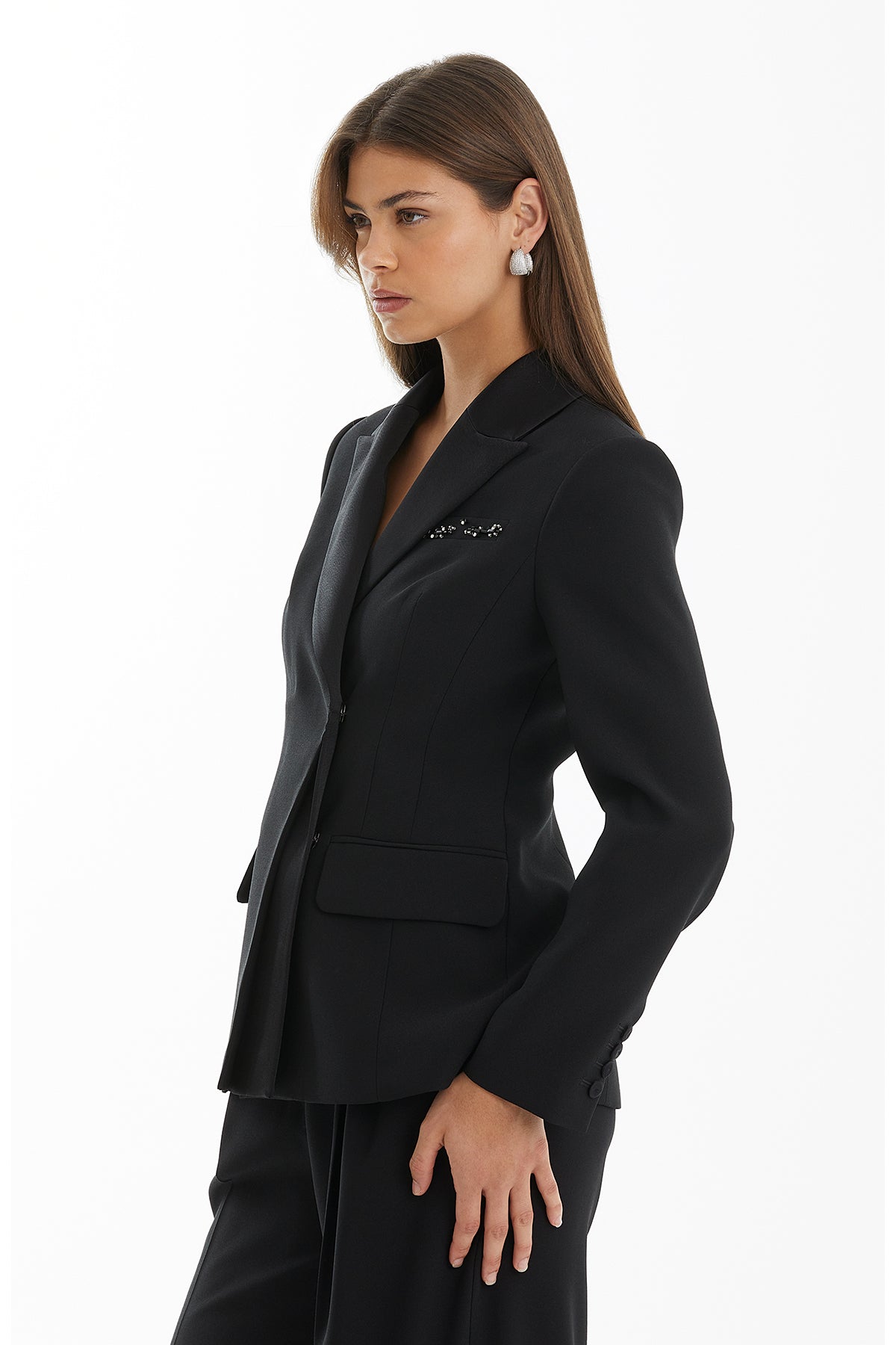 Black Blazer Jacket with Satin Collar Detail