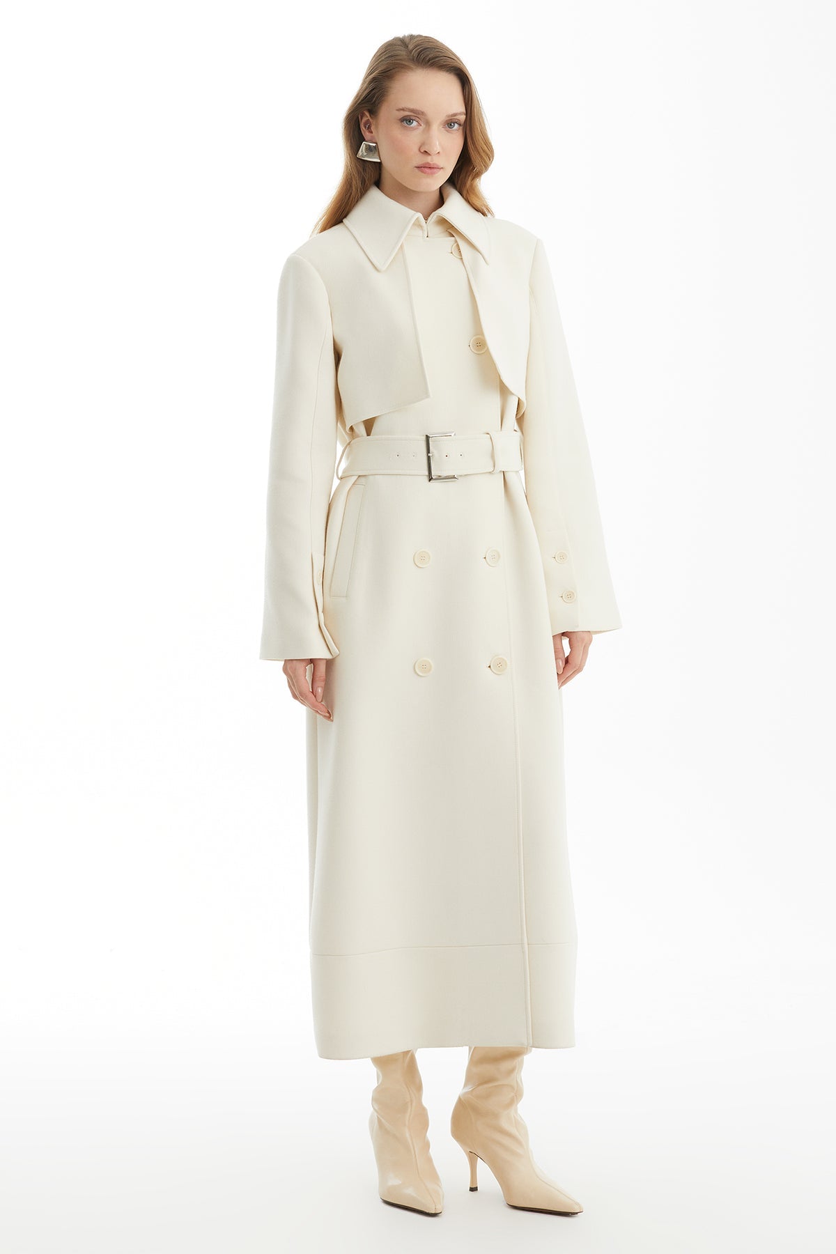 Ecru Wool Blend Coat with Metal Buckle Detail
