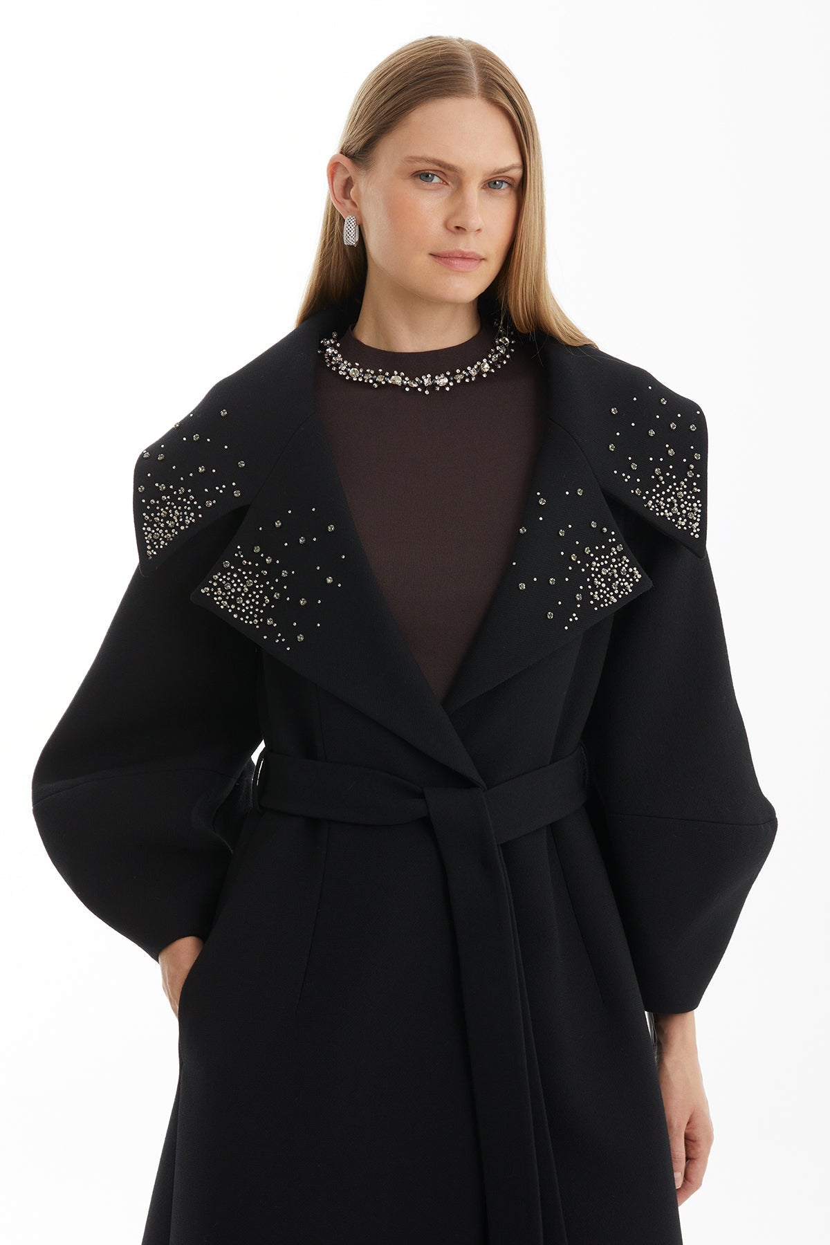 Black Wool Blend Embellished Coat with Detachable Belt