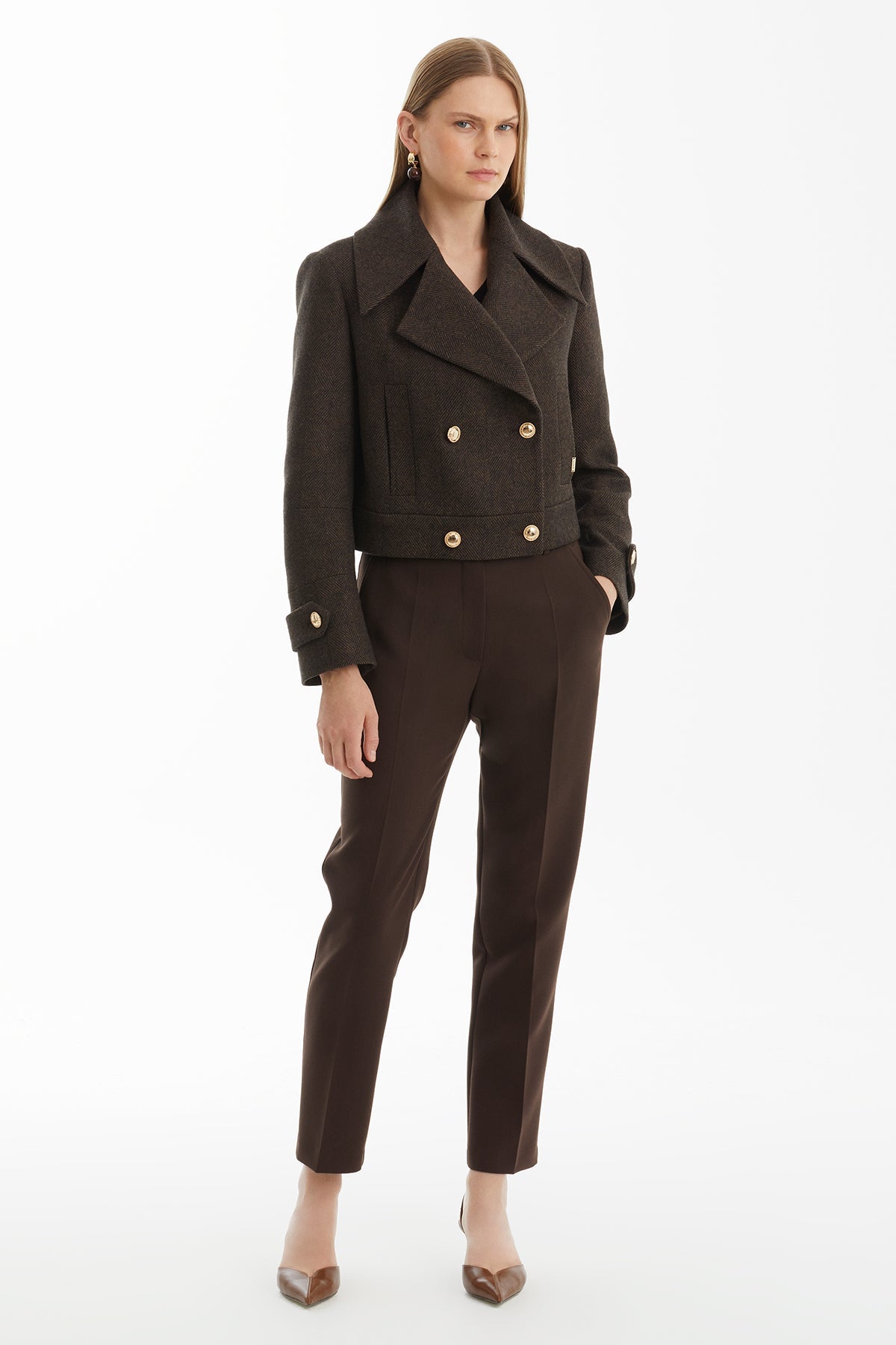 Brown Short Wool Blend Coat with Metal Logo Detail