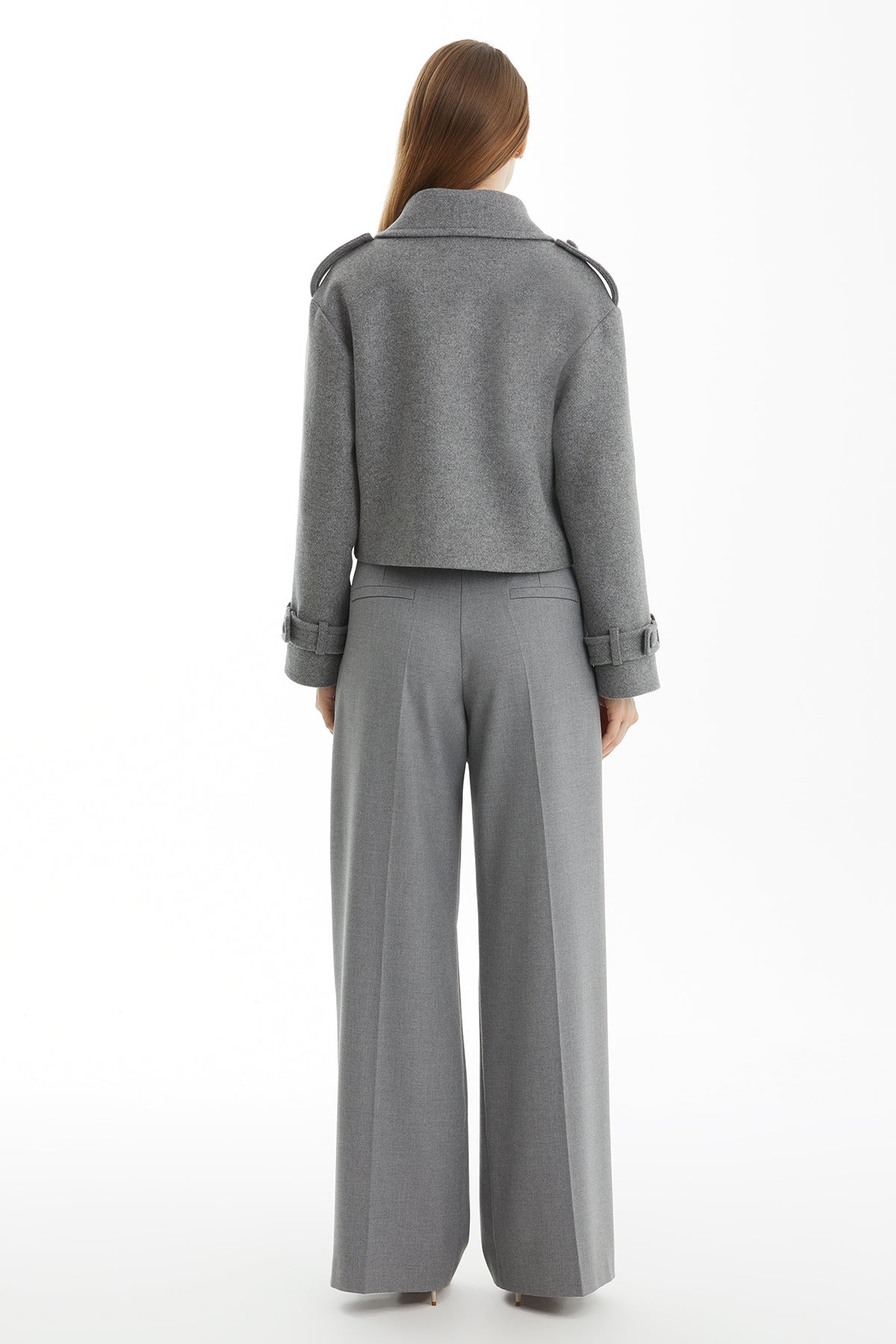 Grey Short Wool Blend Coat with Metal Logo Detail