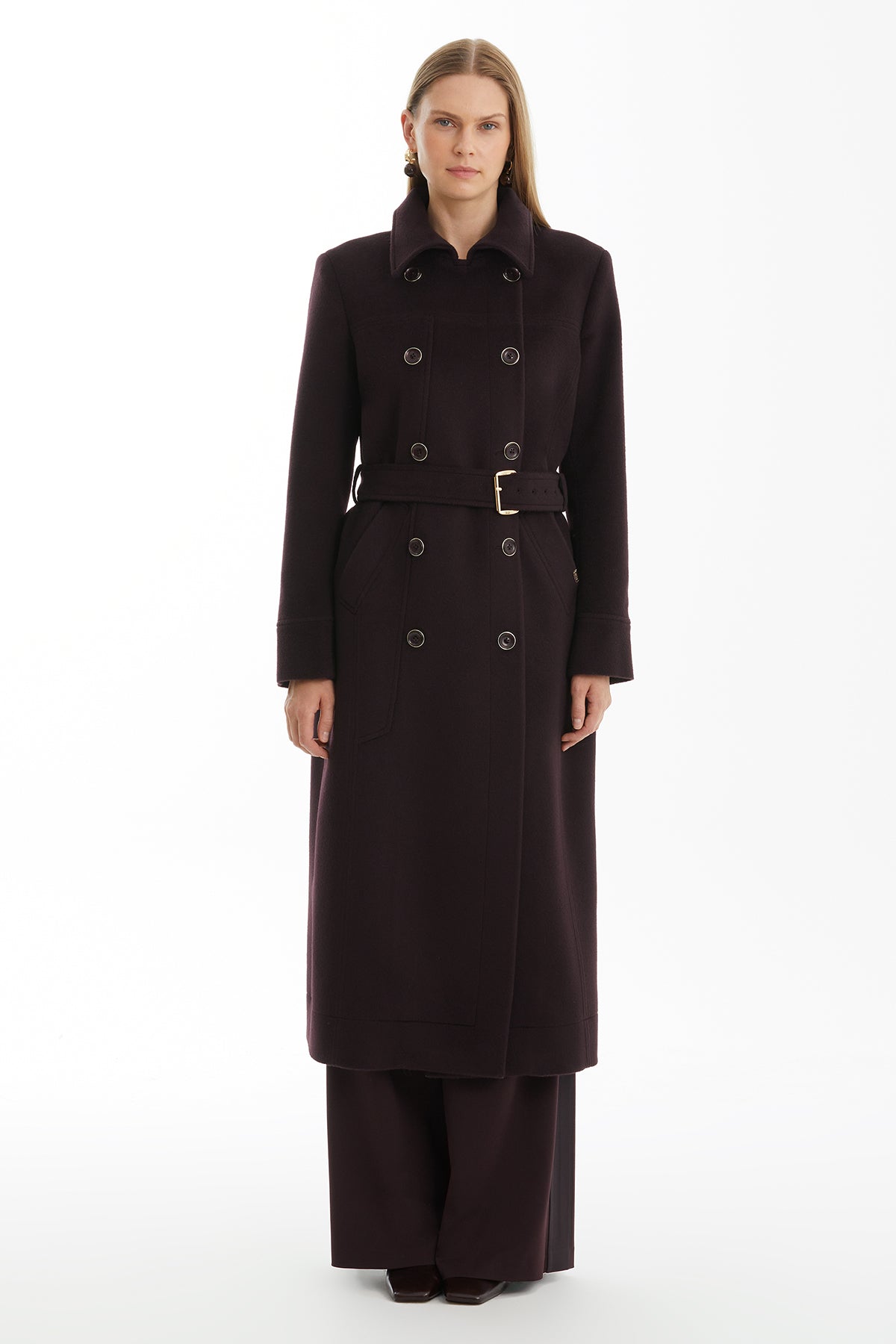 Purple 100% Wool Coat with Metal Buckle Detail