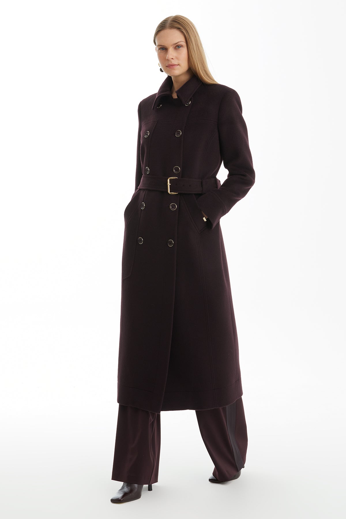 Purple 100% Wool Coat with Metal Buckle Detail