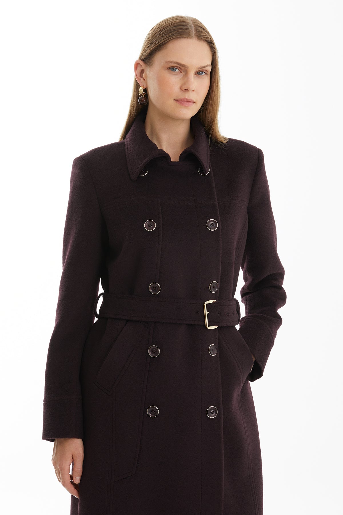 Purple 100% Wool Coat with Metal Buckle Detail