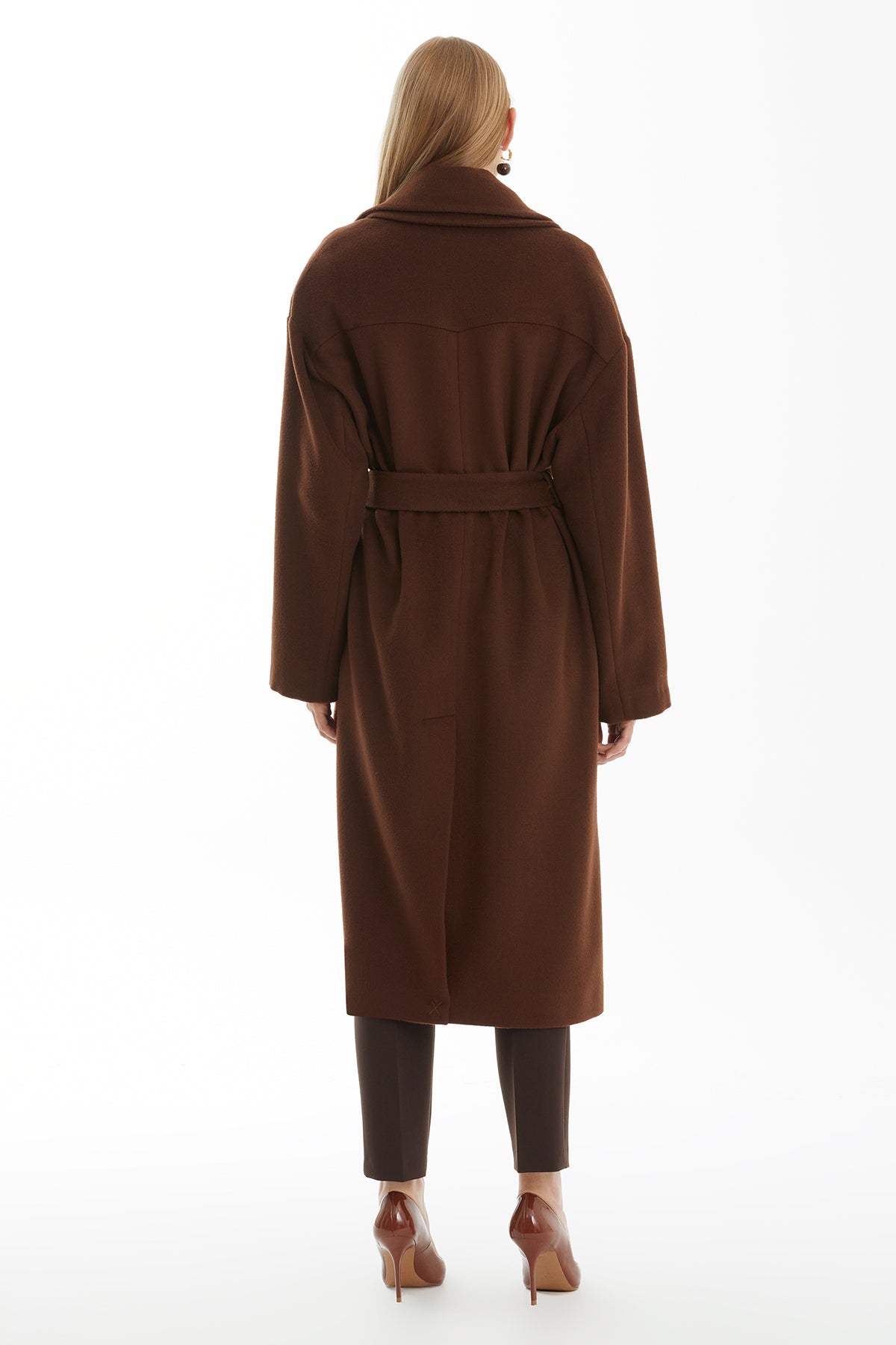 Brown 100% Cashmere Belted Coat with Embroidered Collar