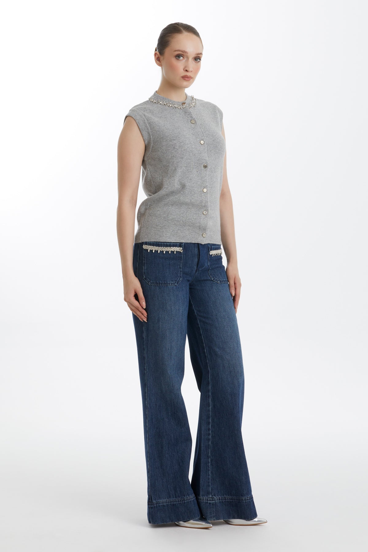 Embroidered Sleeveless Wool-Blend Knit Top