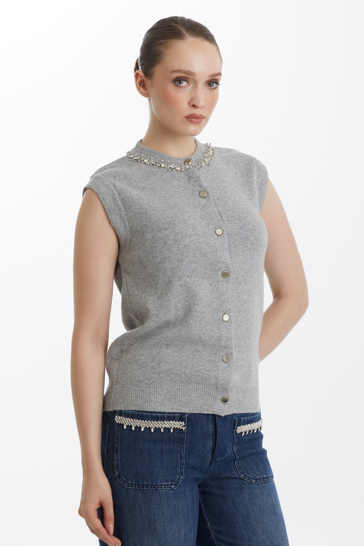 Embroidered Sleeveless Wool-Blend Knit Top