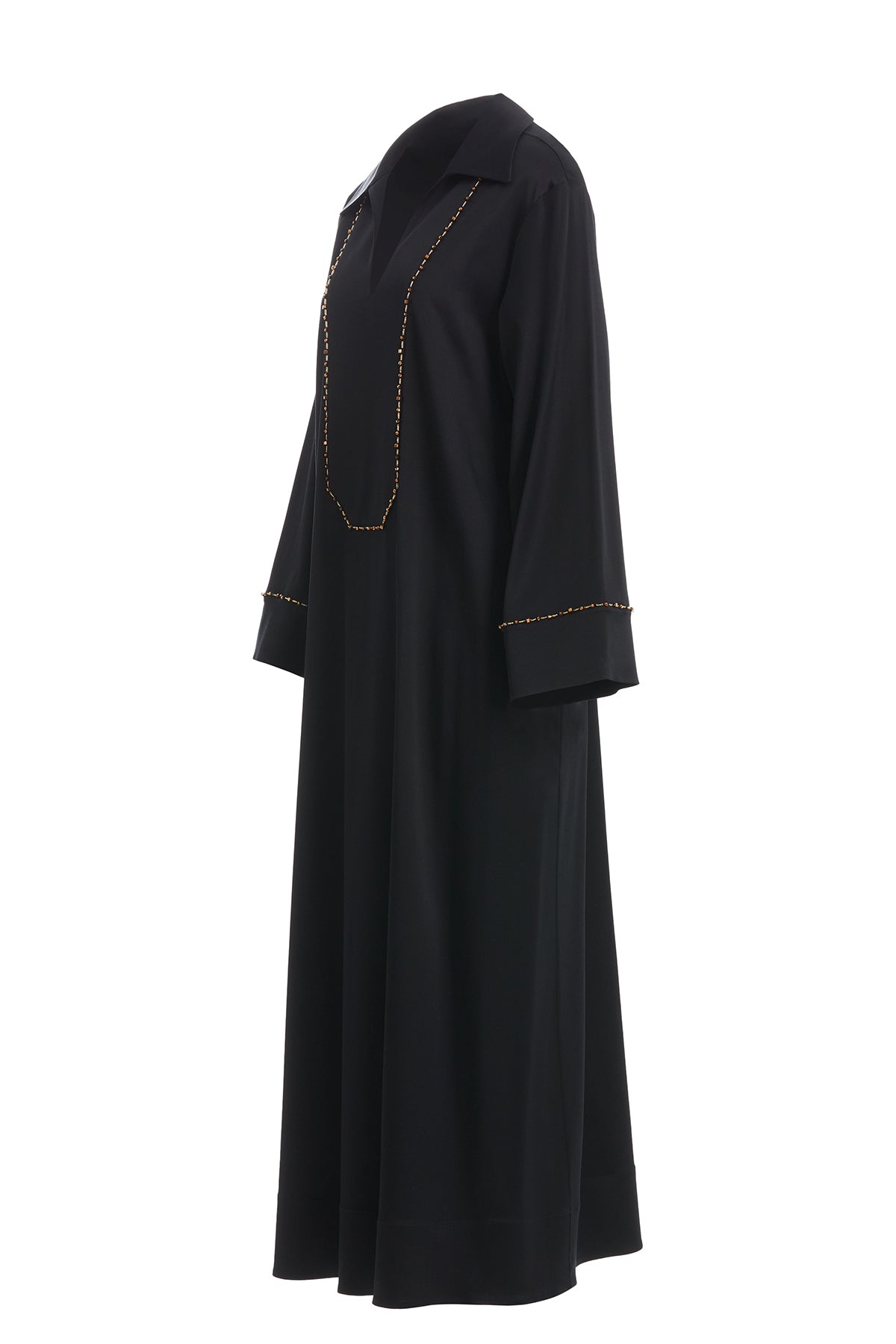 Black Shirt Collar Dress with Embroidery Detail