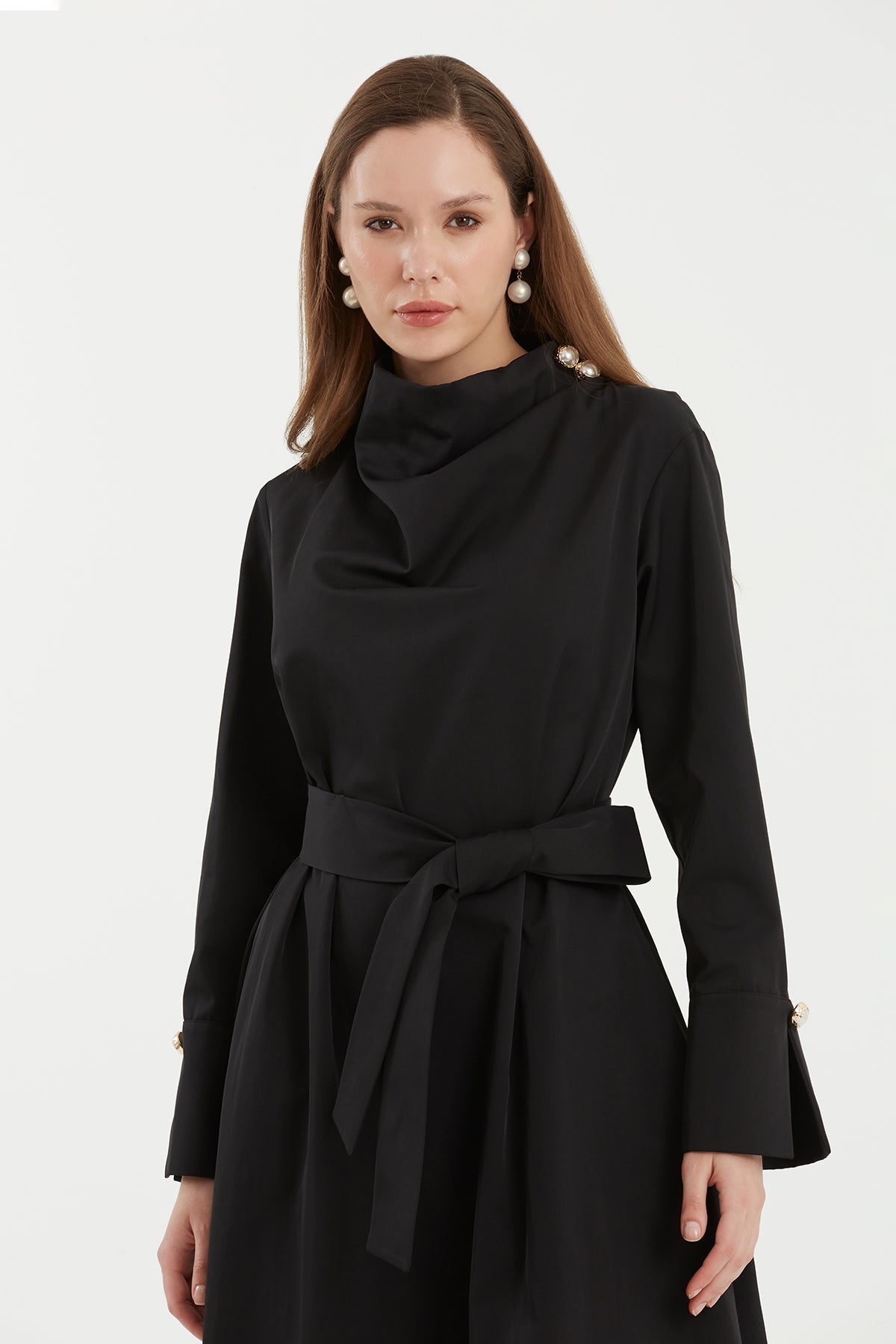 Black Stand Collar Dress with Detachable Belt