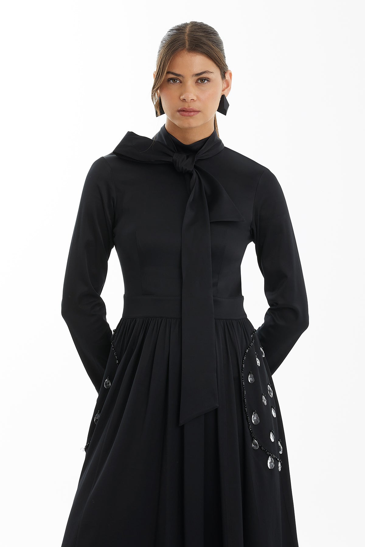 Black Drawstring Waist Dress with Embroidered Pocket Detail
