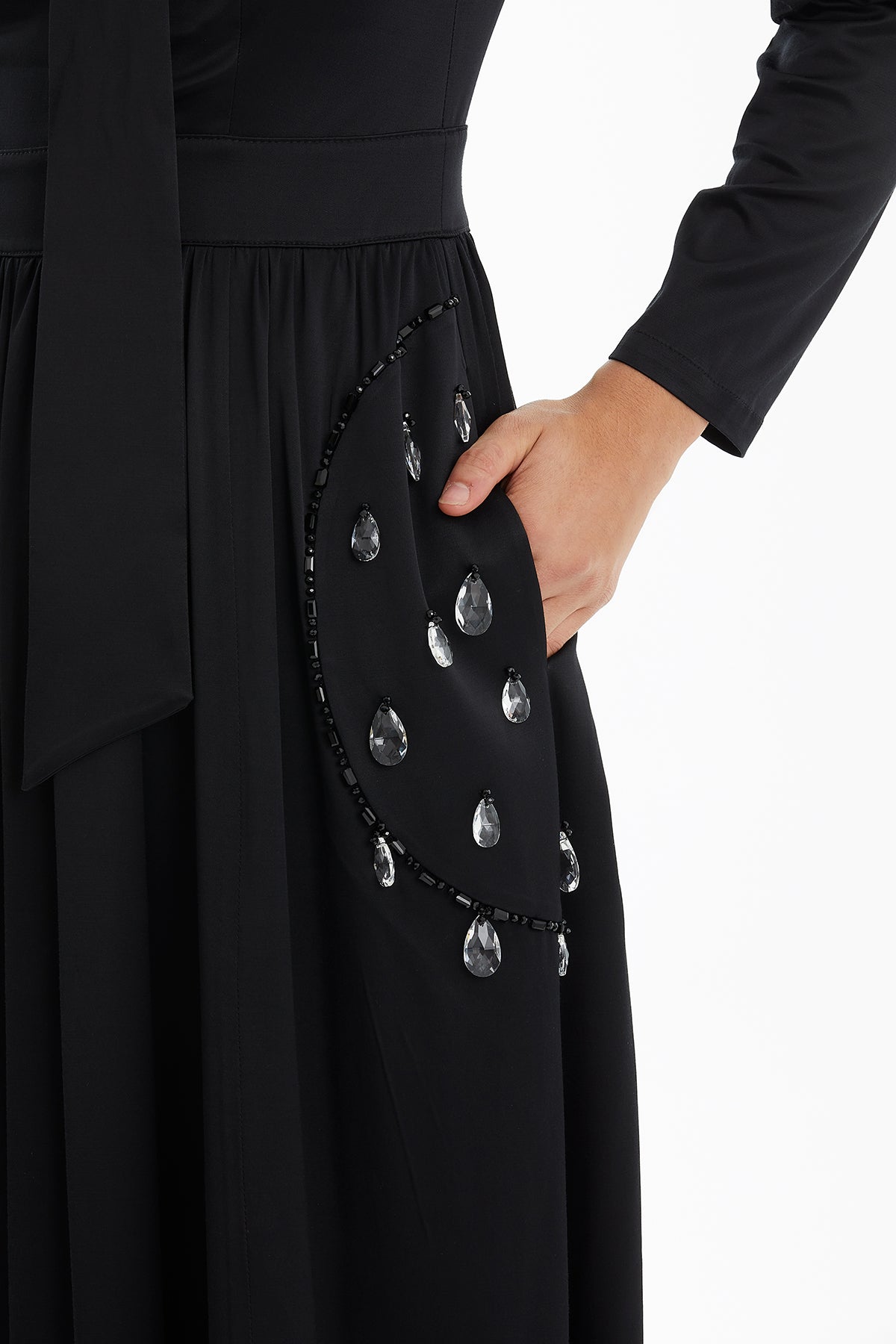 Black Drawstring Waist Dress with Embroidered Pocket Detail