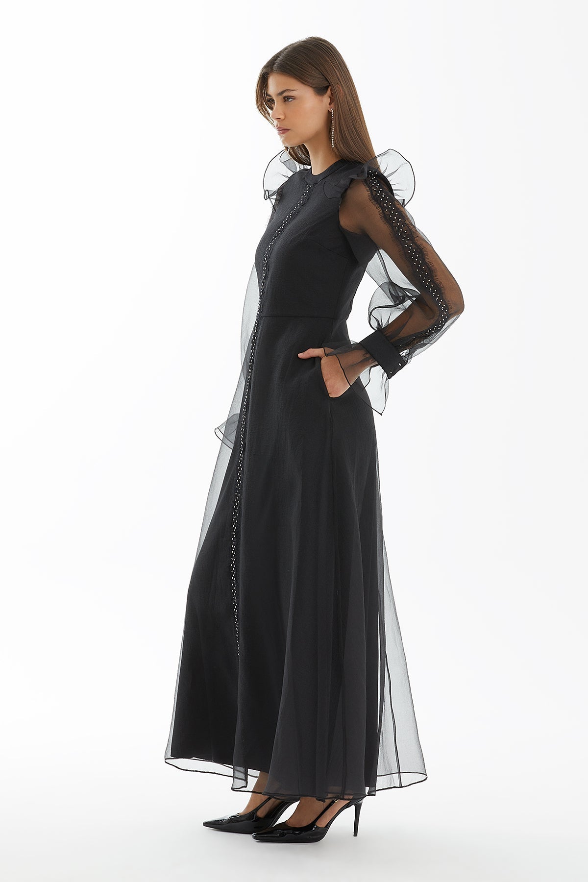 Black Maxi Dress with Crystal Sleeves and Lace Detail