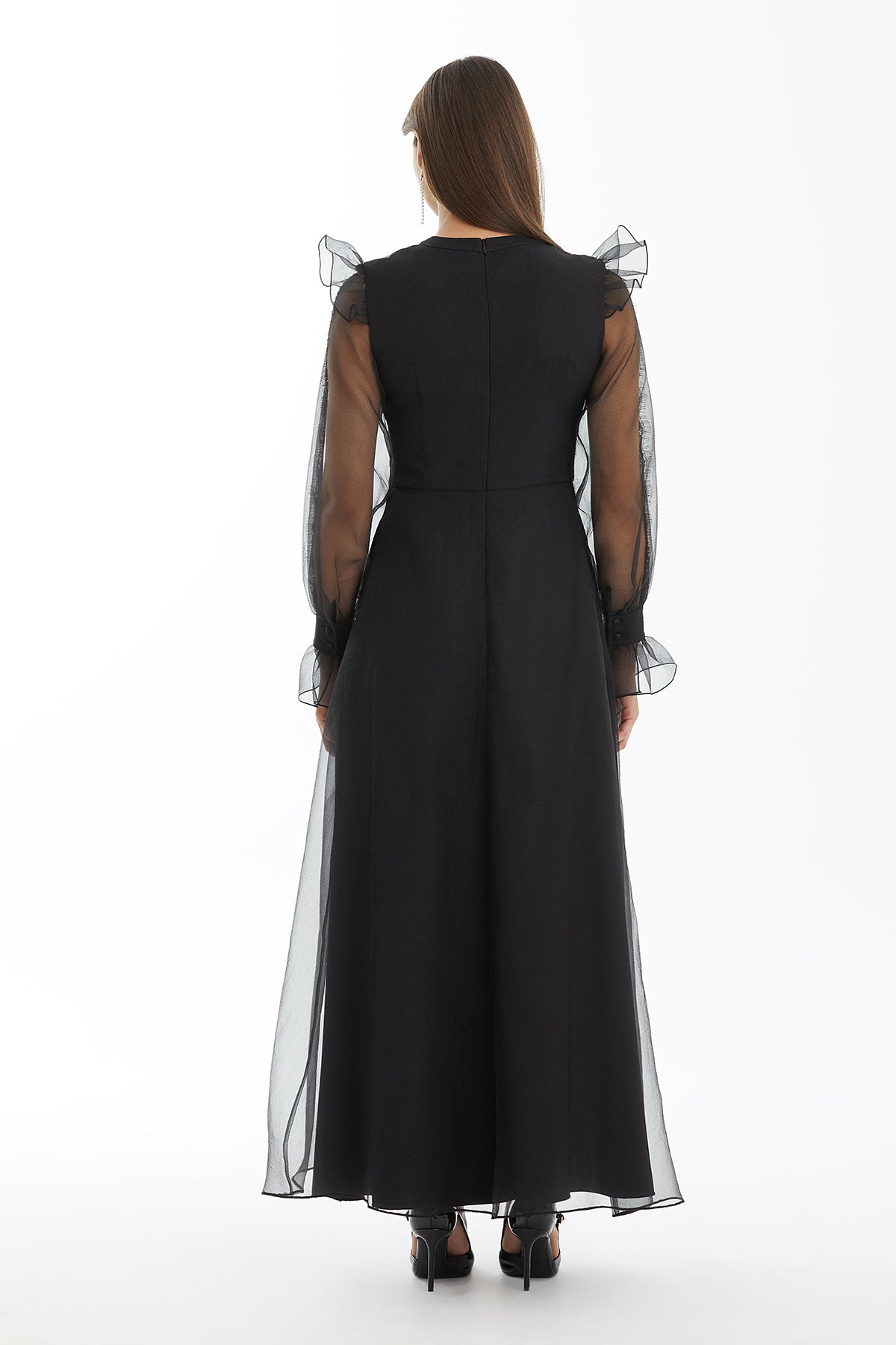Black Maxi Dress with Crystal Sleeves and Lace Detail