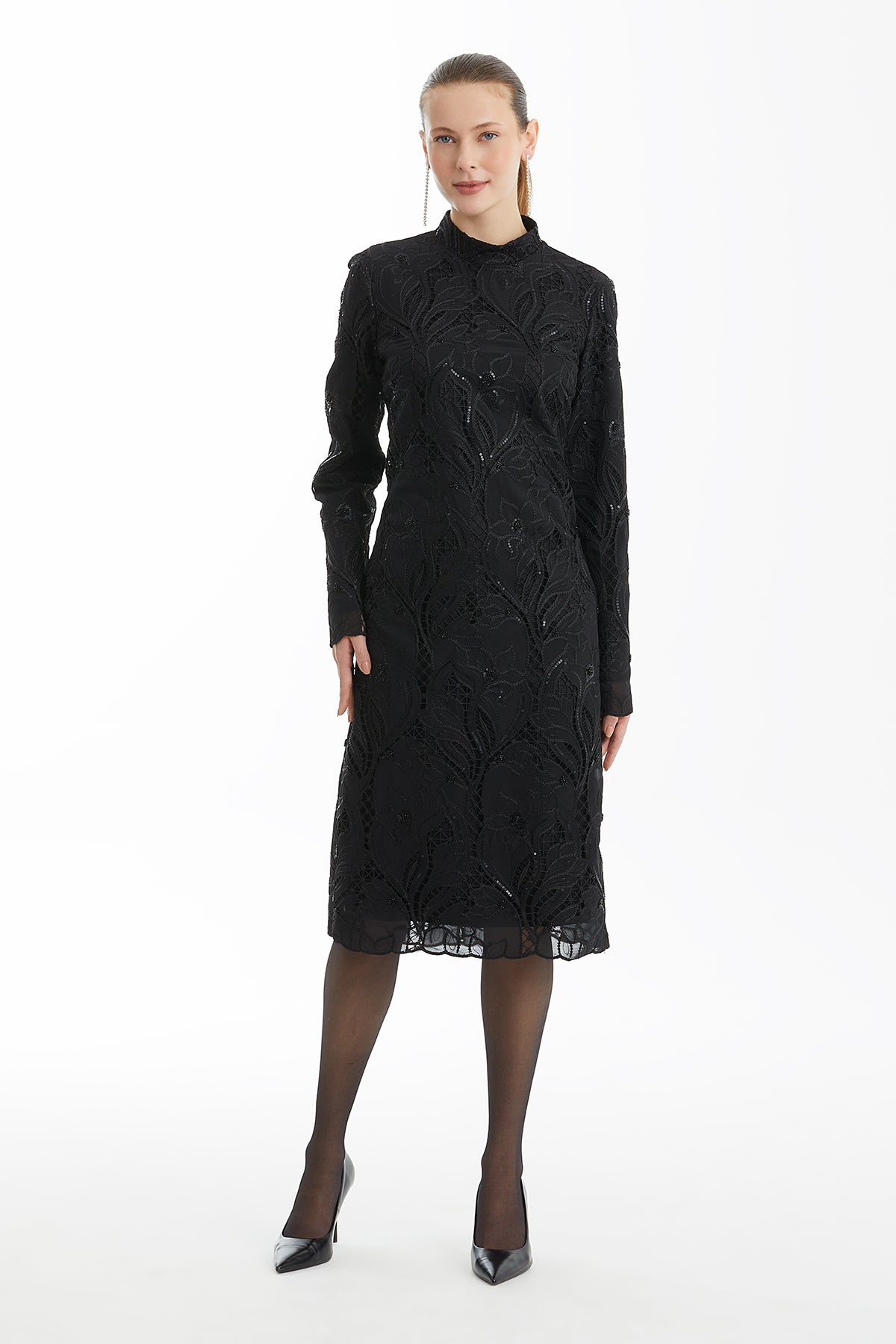 Black Patterned Stand Collar Mini Dress
