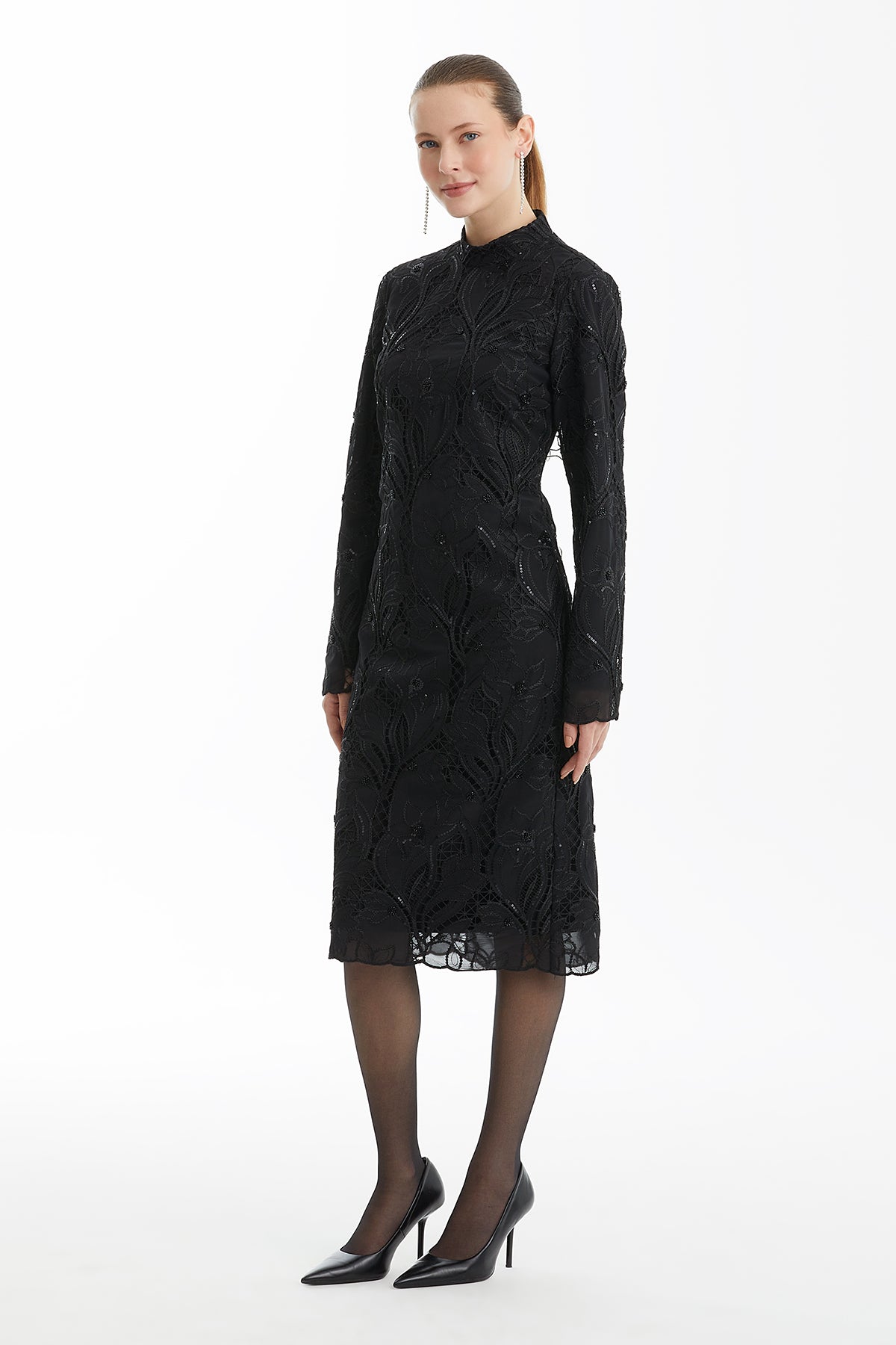 Black Patterned Stand Collar Mini Dress