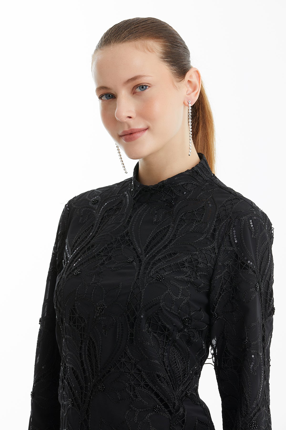 Black Patterned Stand Collar Mini Dress