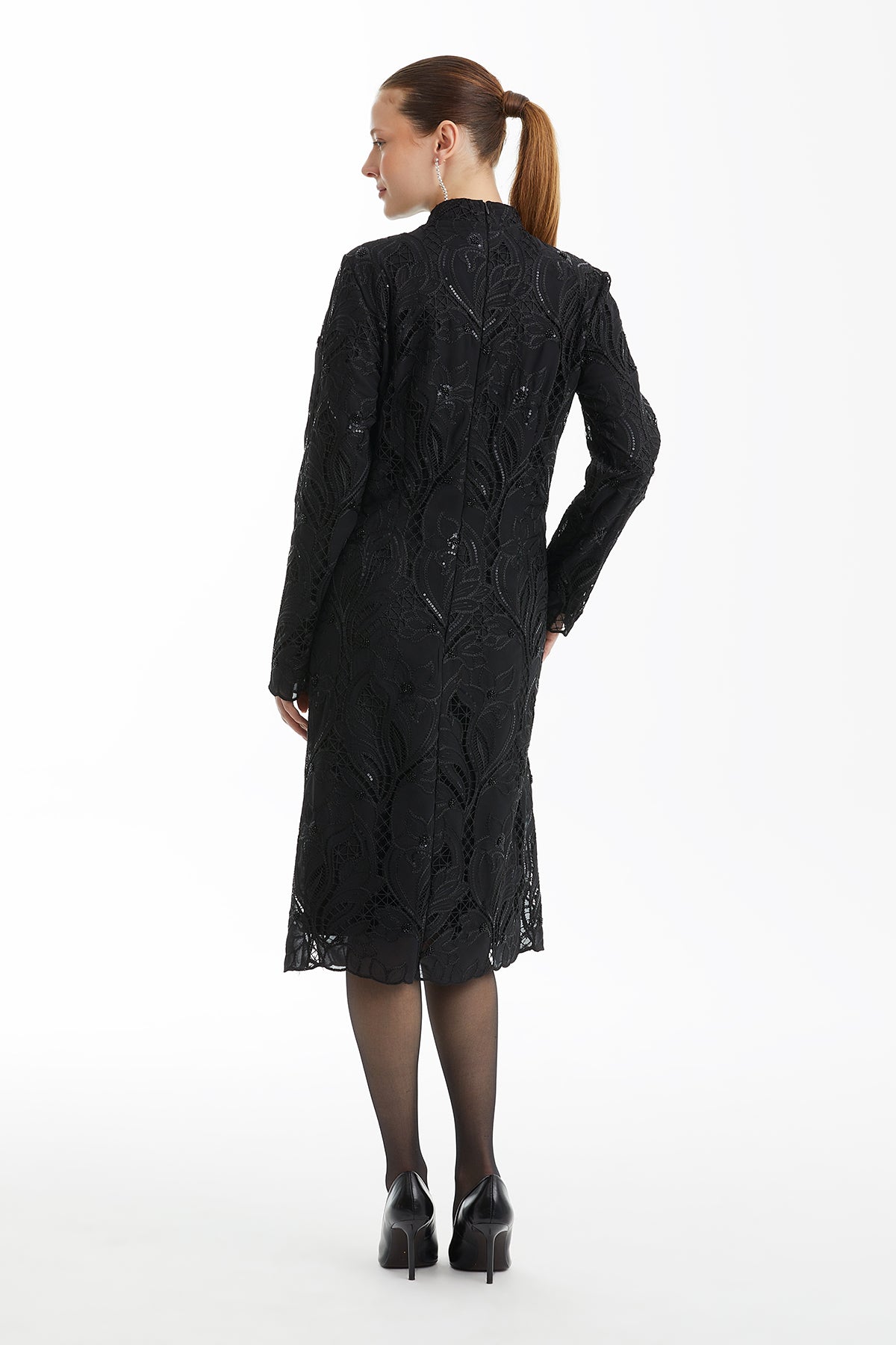 Black Patterned Stand Collar Mini Dress