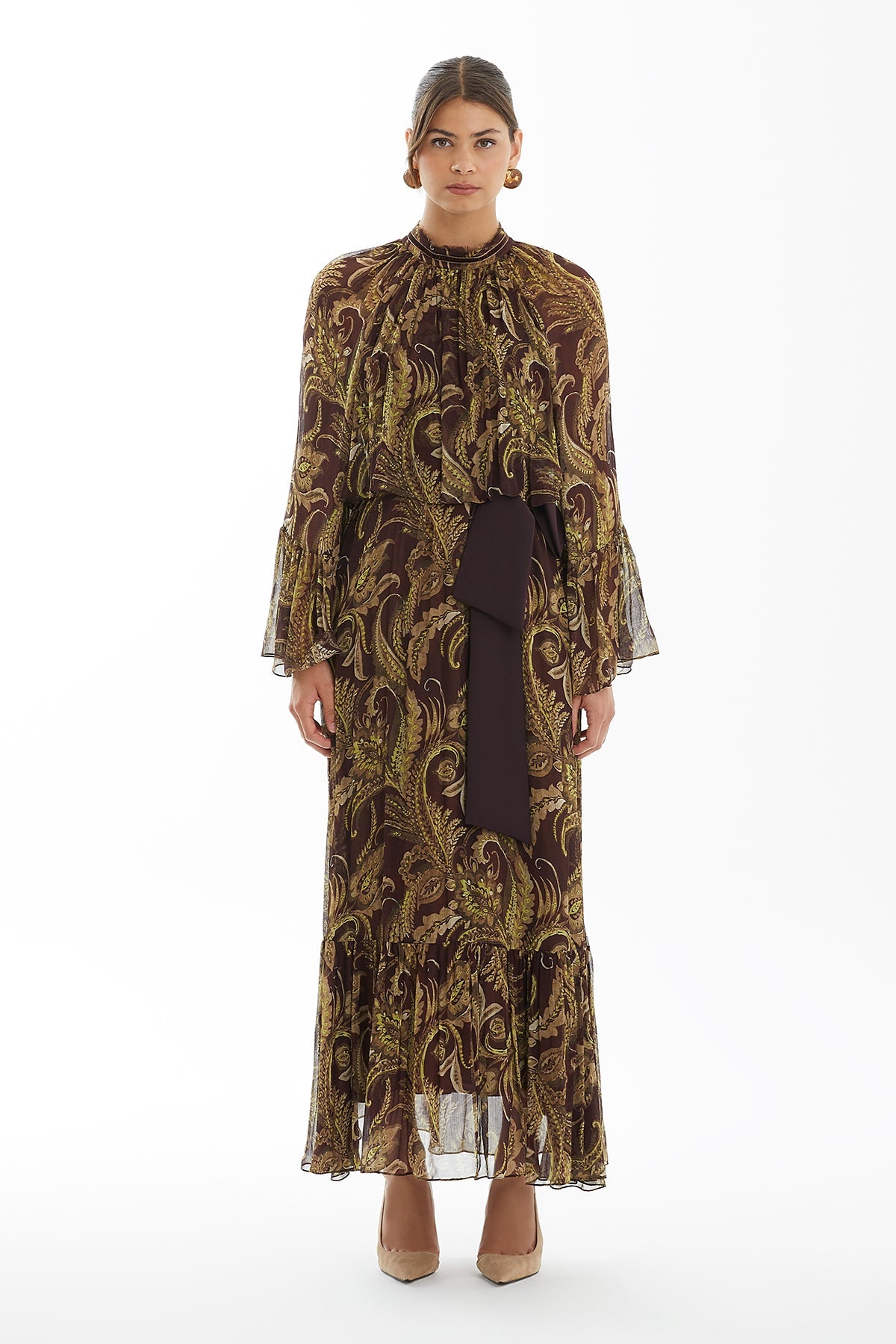 Patterned Dress with Velvet Trim Detail