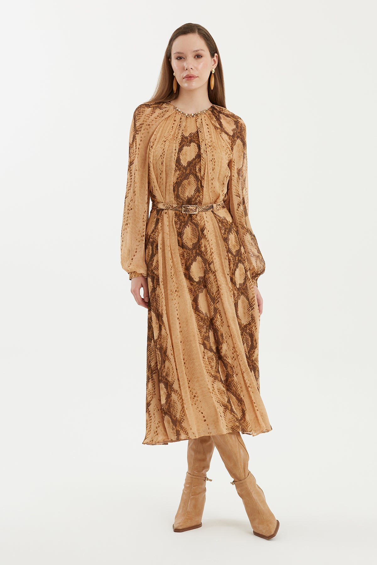 Long Patterned Dress with Belt Detail