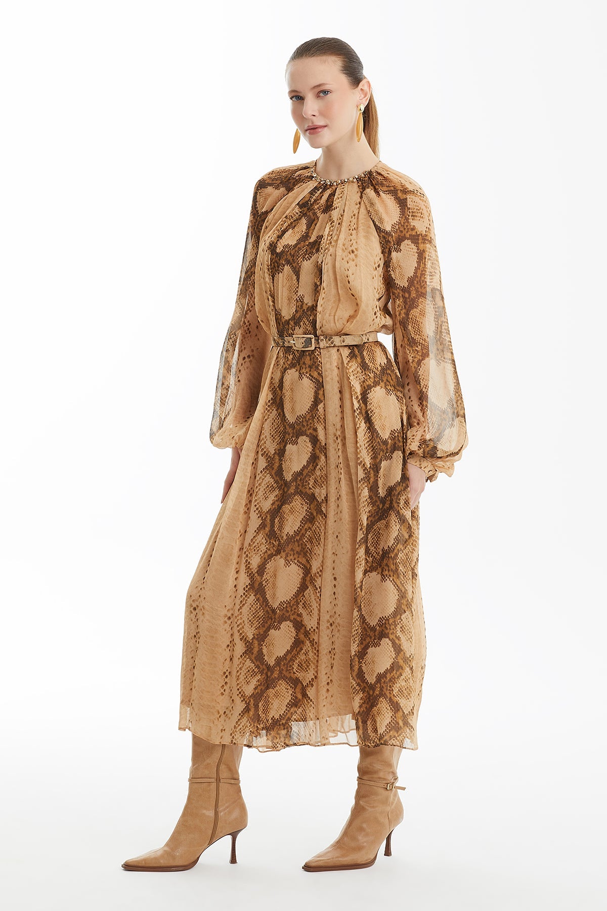 Long Patterned Dress with Belt Detail