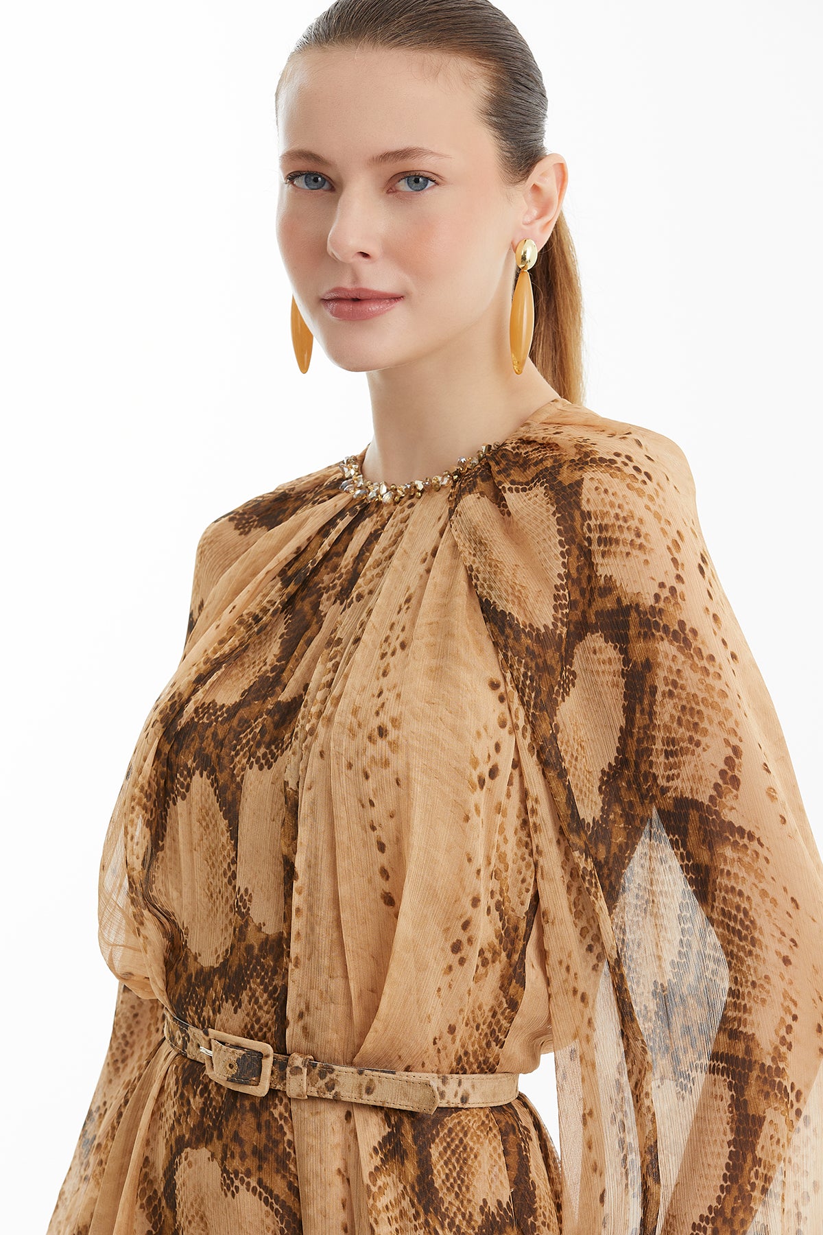 Long Patterned Dress with Belt Detail