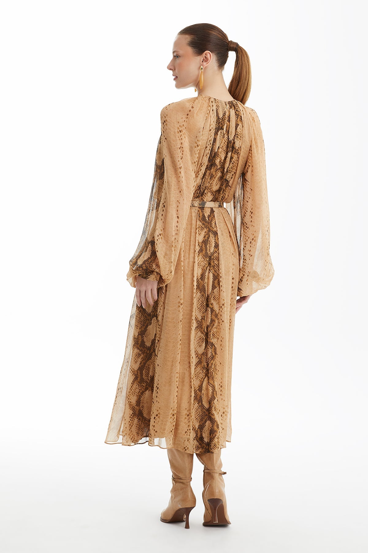 Long Patterned Dress with Belt Detail