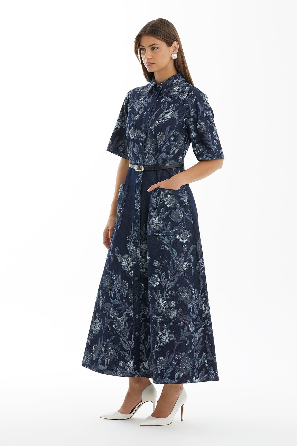 Belted Long Denim Dress with Pattern Detail