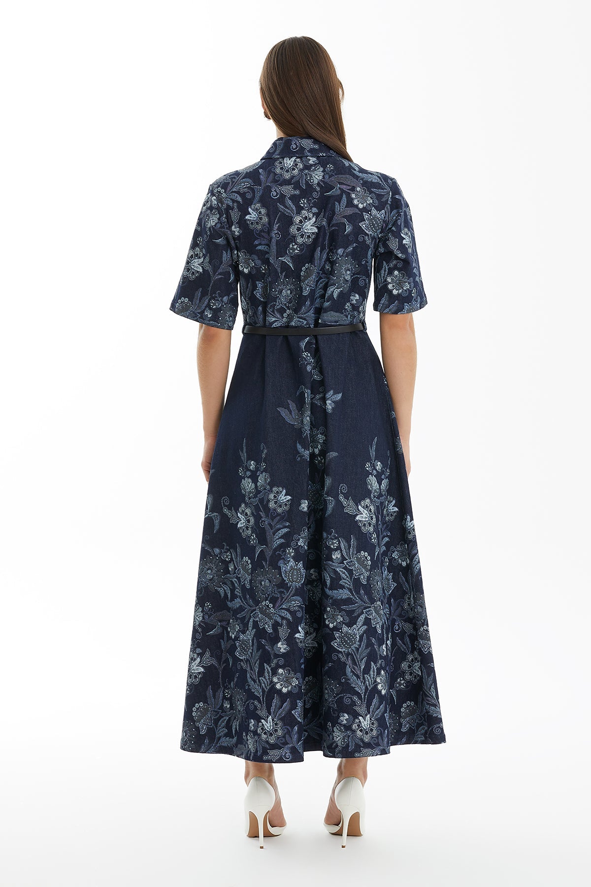 Belted Long Denim Dress with Pattern Detail