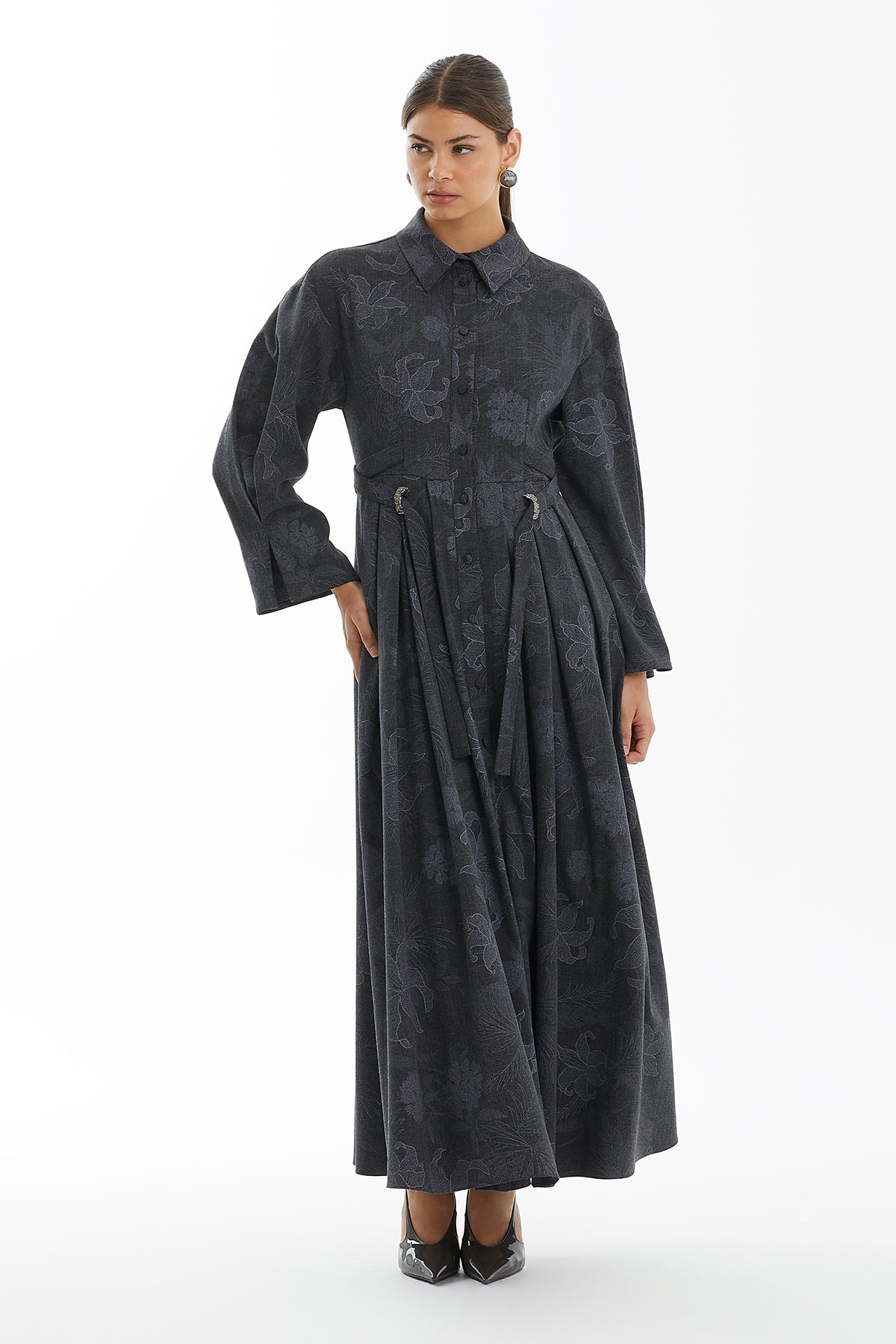 Grey Pleated Patterned Dress with Embroidery Detail