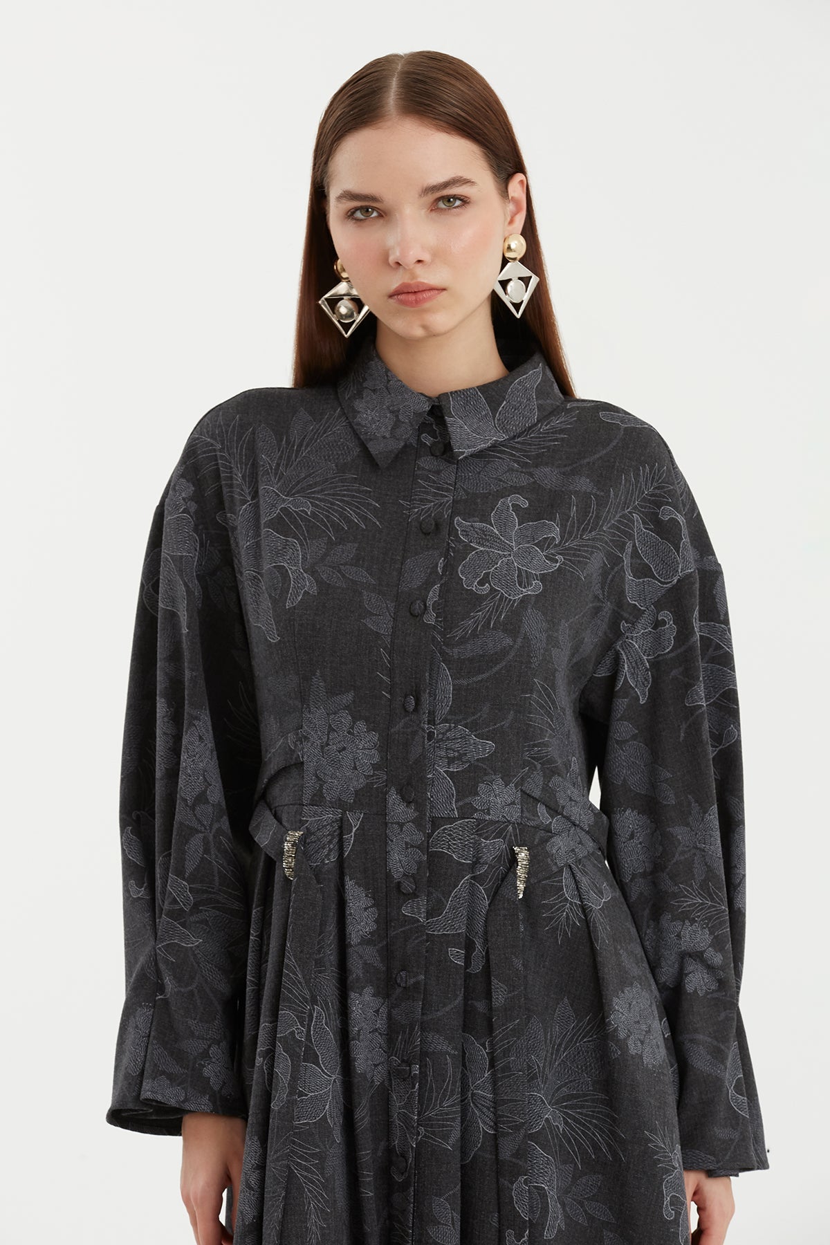 Grey Pleated Patterned Dress with Embroidery Detail
