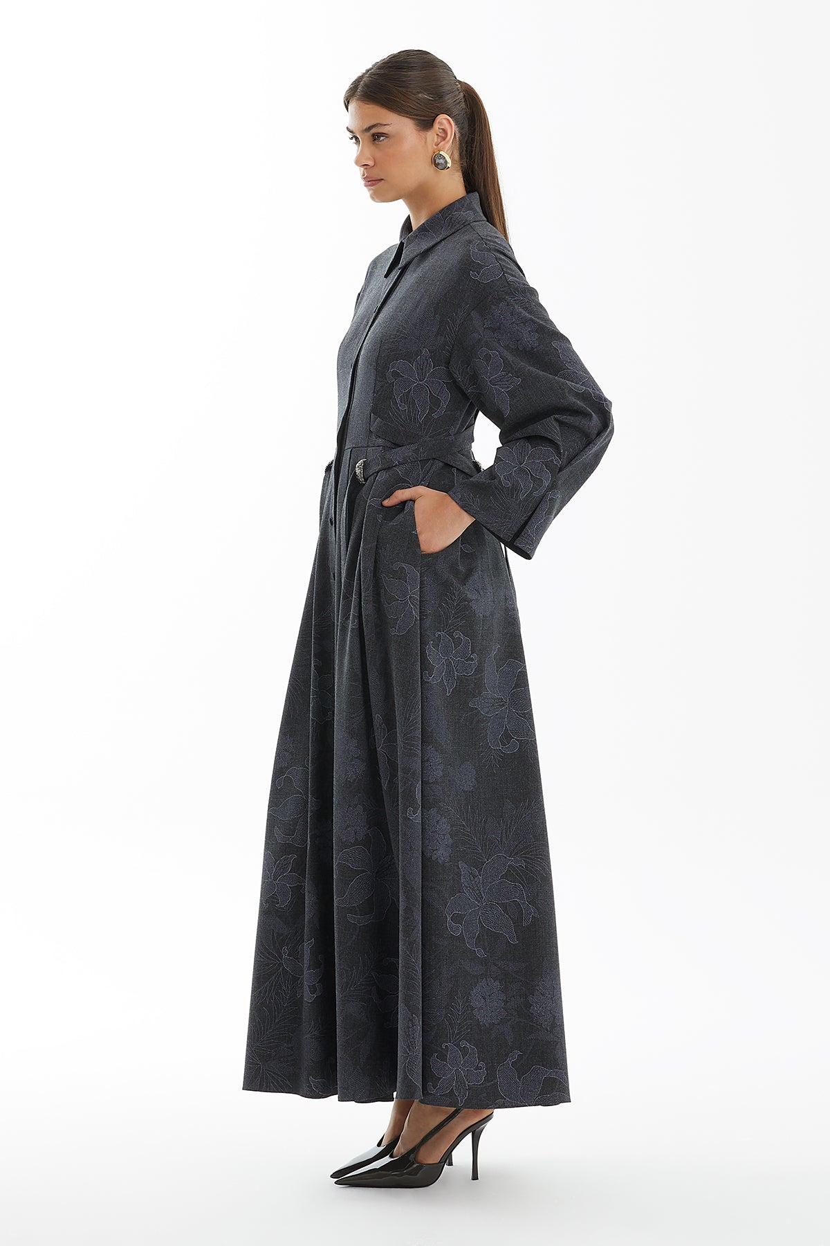 Grey Pleated Patterned Dress with Embroidery Detail