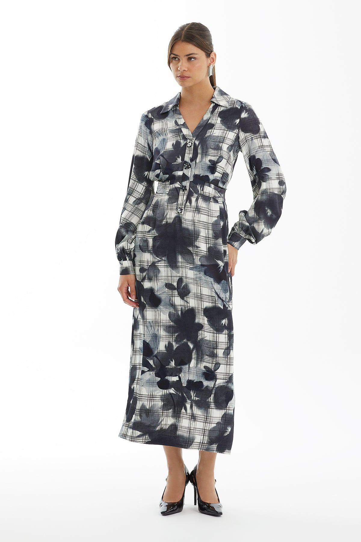 Floral Check Pattern Shirt Dress
