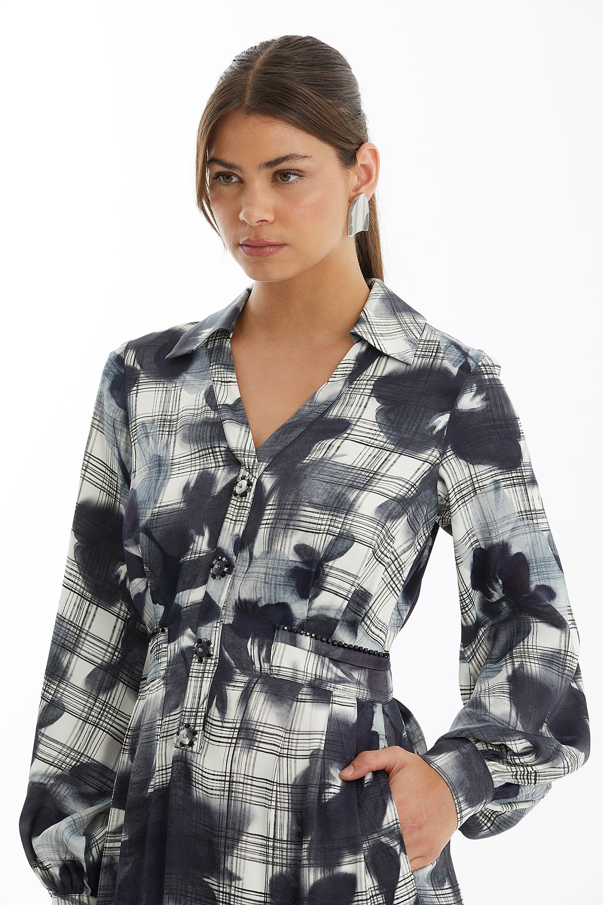 Floral Check Pattern Shirt Dress