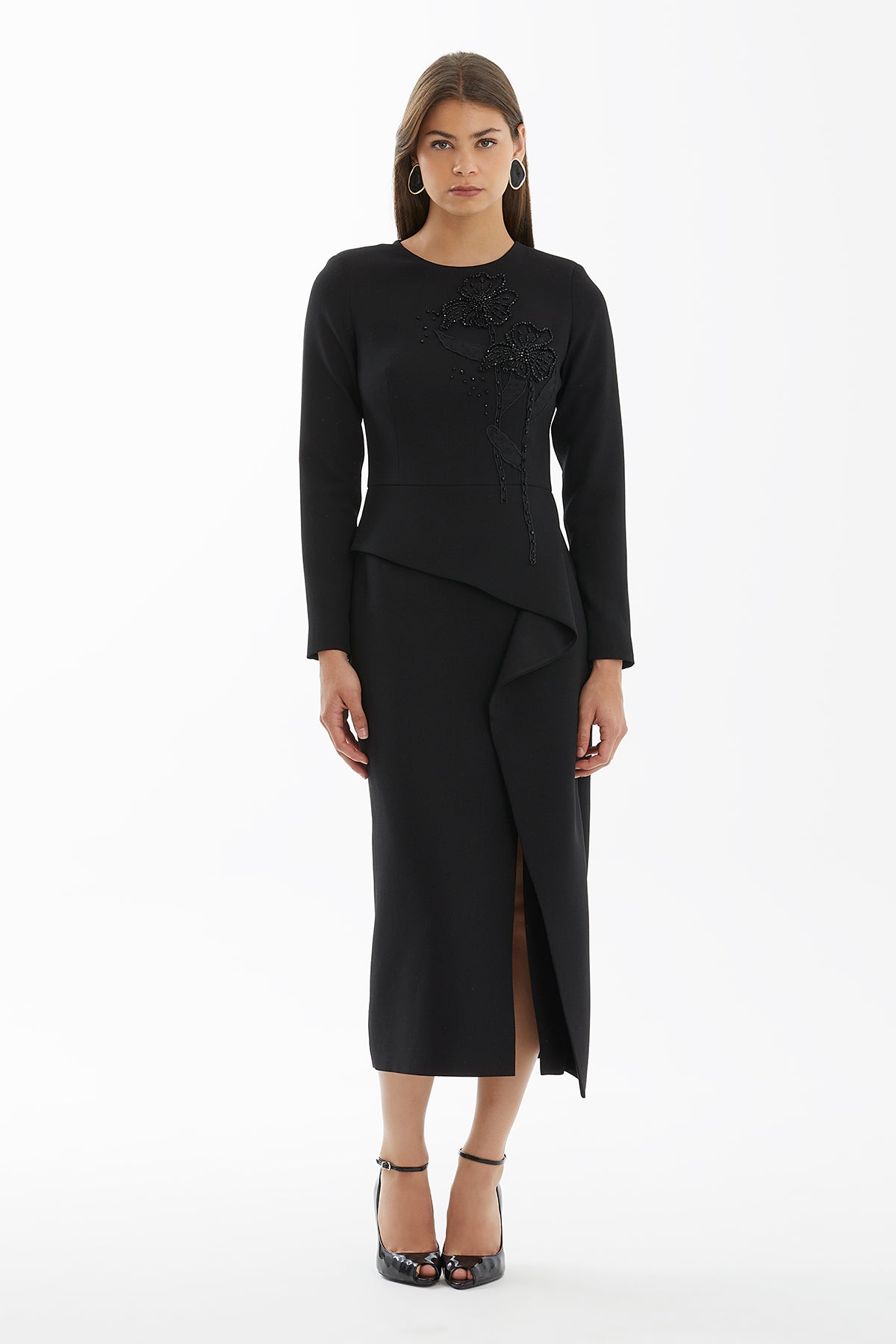 Black Embroidered Dress with Slit Detail