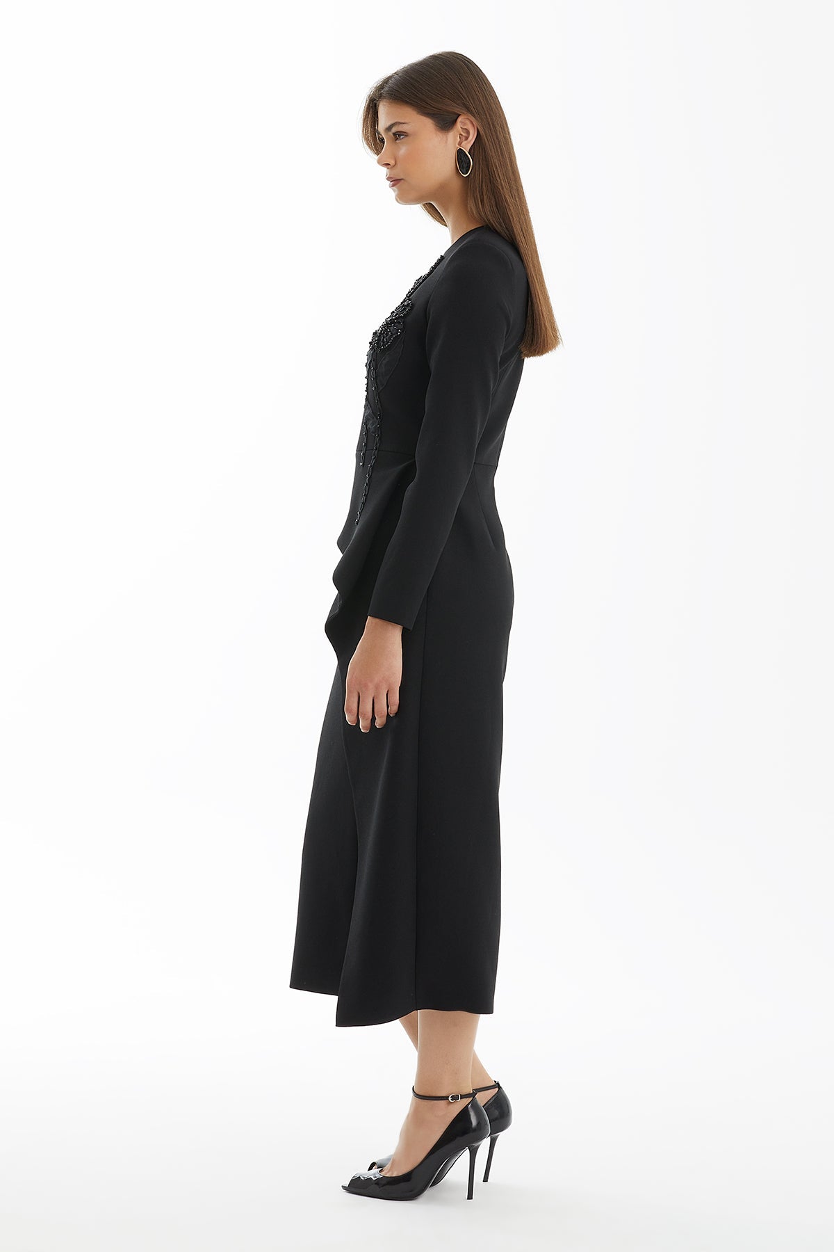 Black Embroidered Dress with Slit Detail