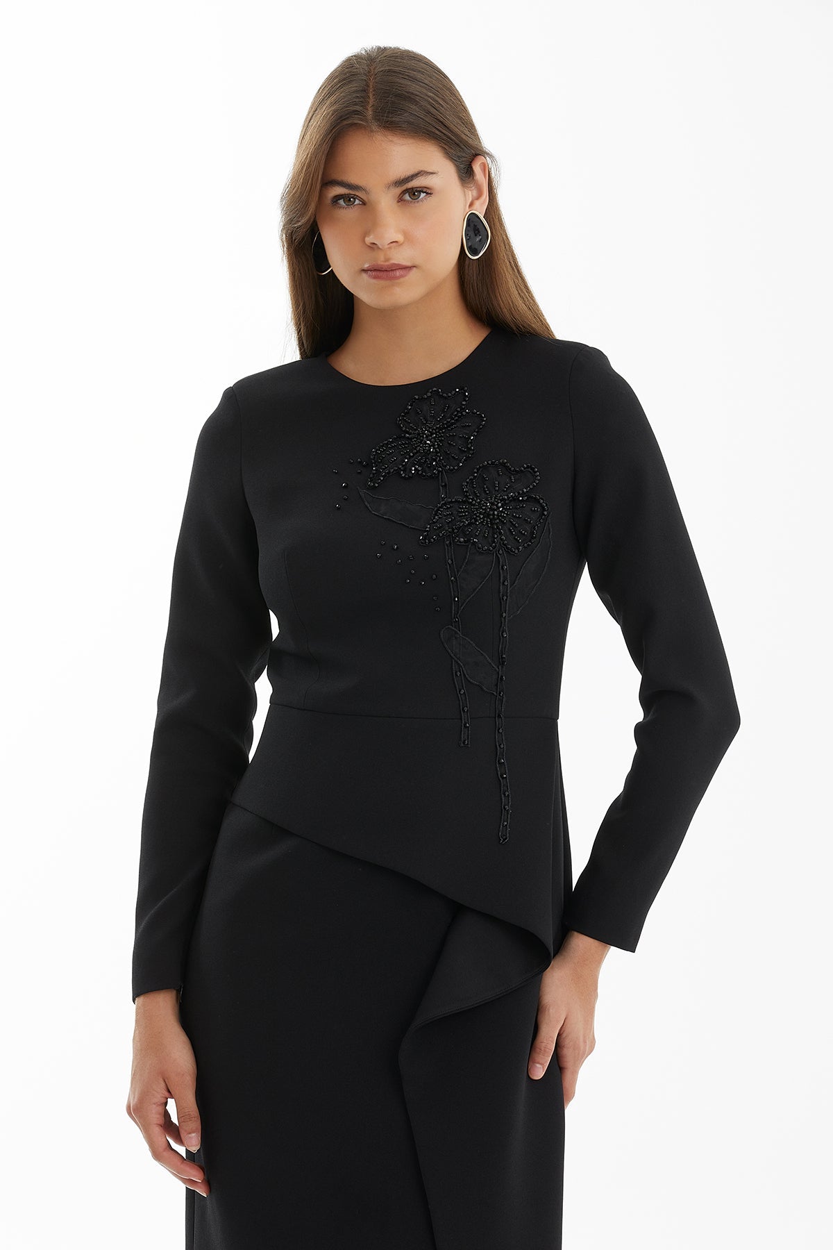 Black Embroidered Dress with Slit Detail