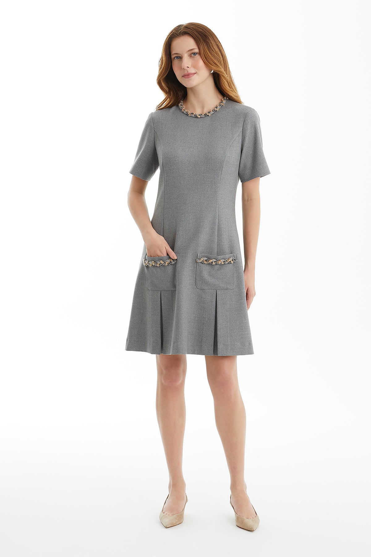 Grey Short Dress with Trim Detail