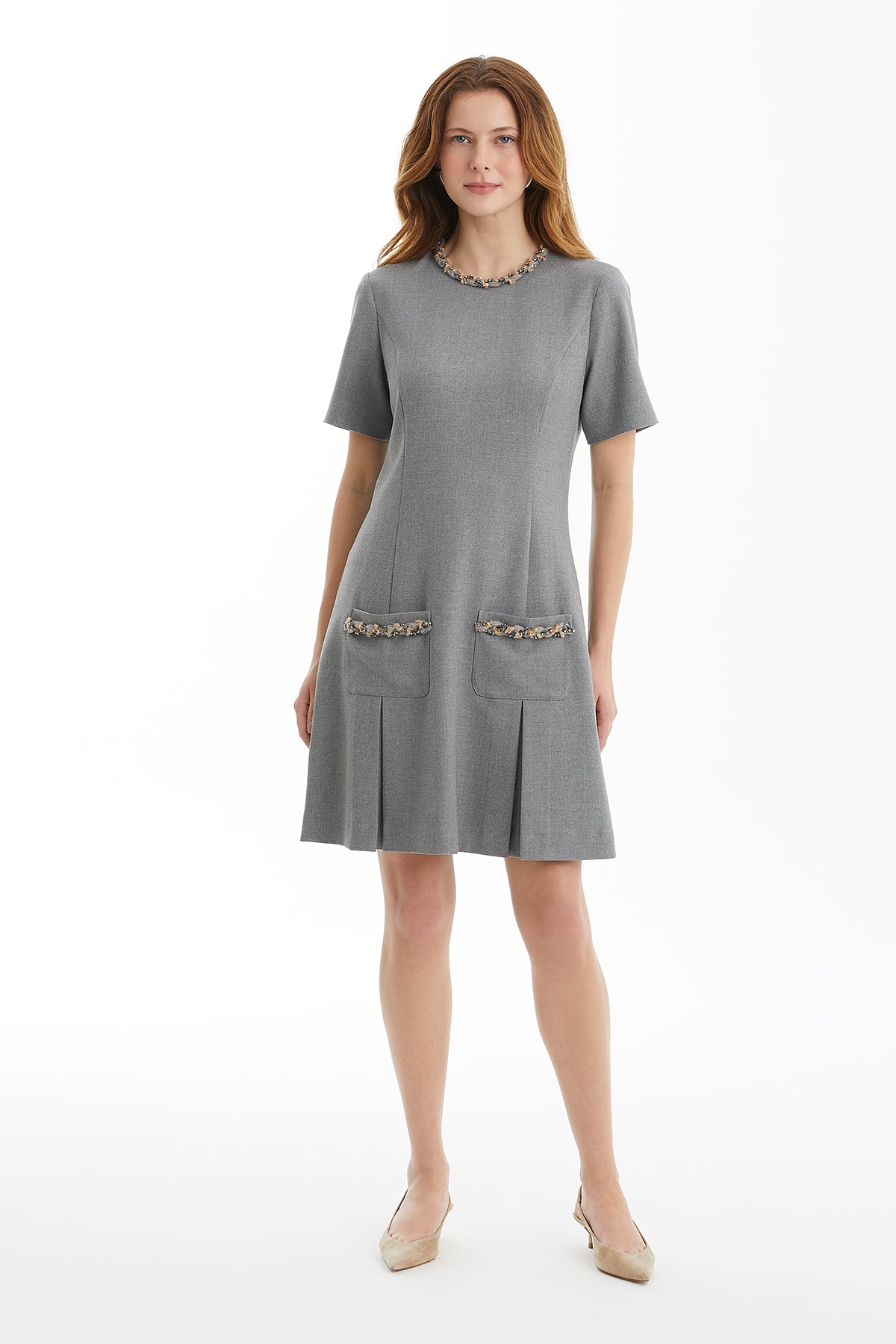 Grey Short Dress with Trim Detail