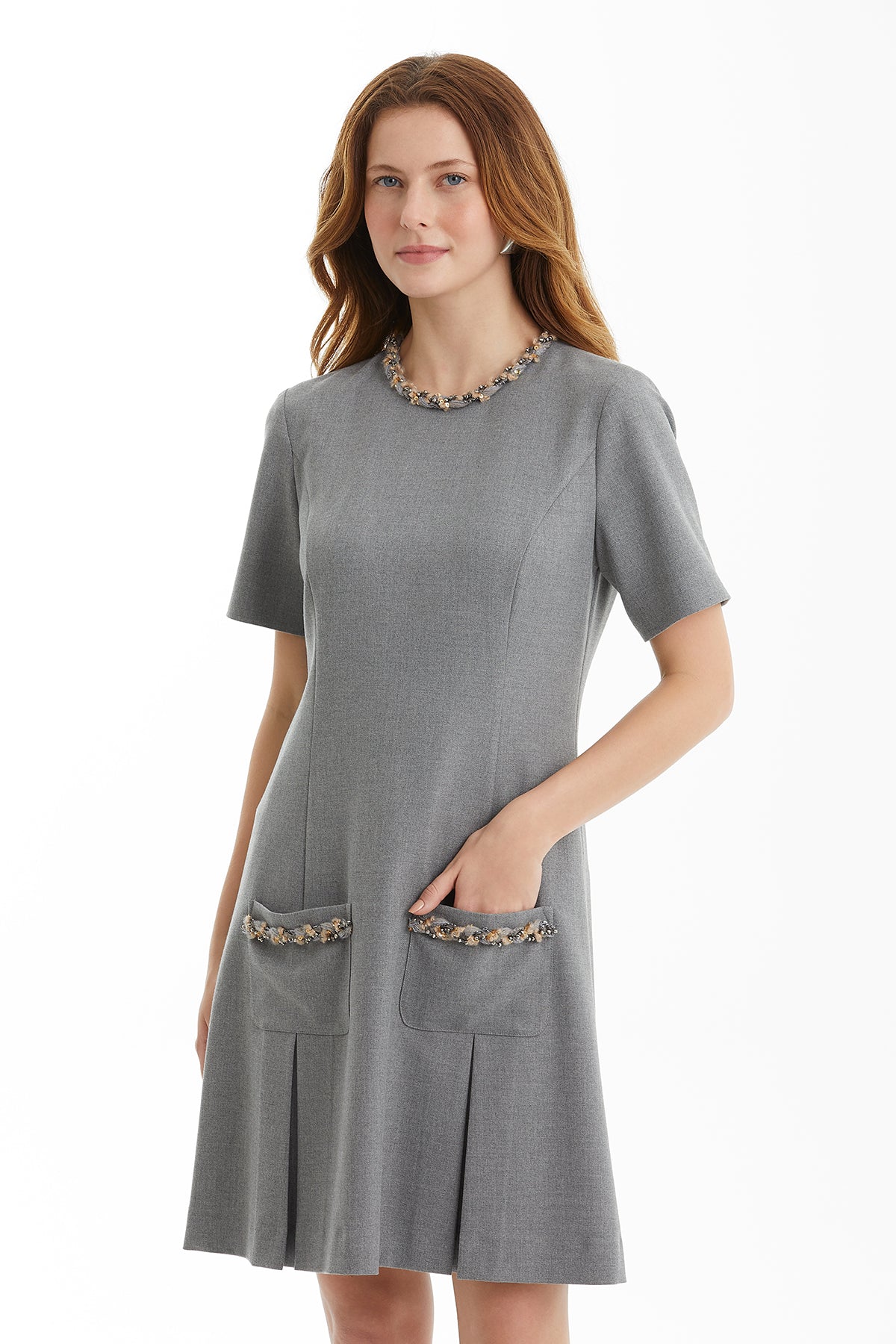 Grey Short Dress with Trim Detail
