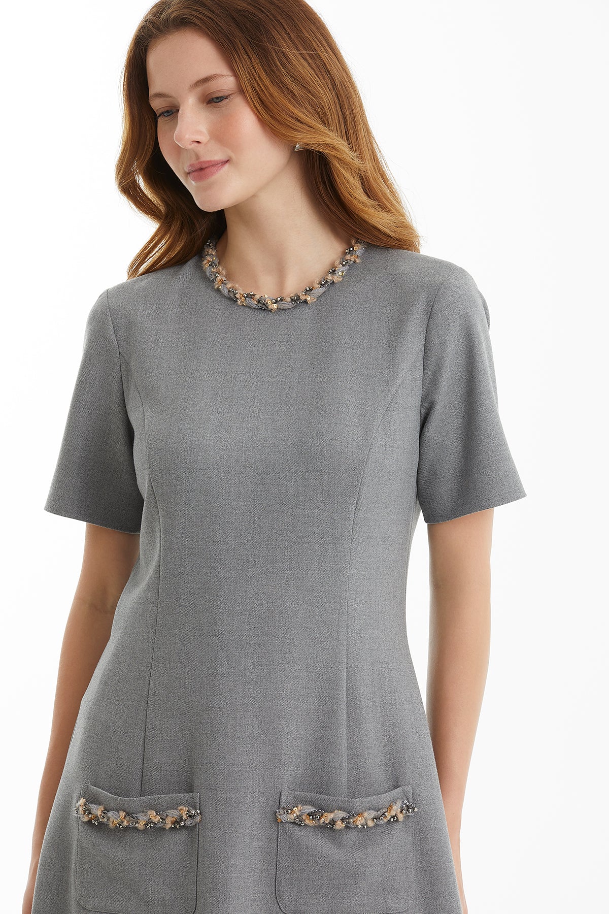 Grey Short Dress with Trim Detail