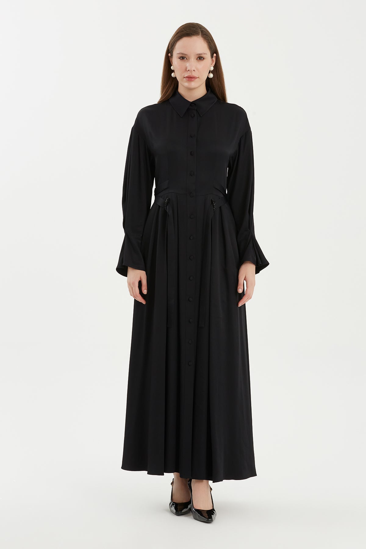 Black Flared Dress with Cross-Tie Detail