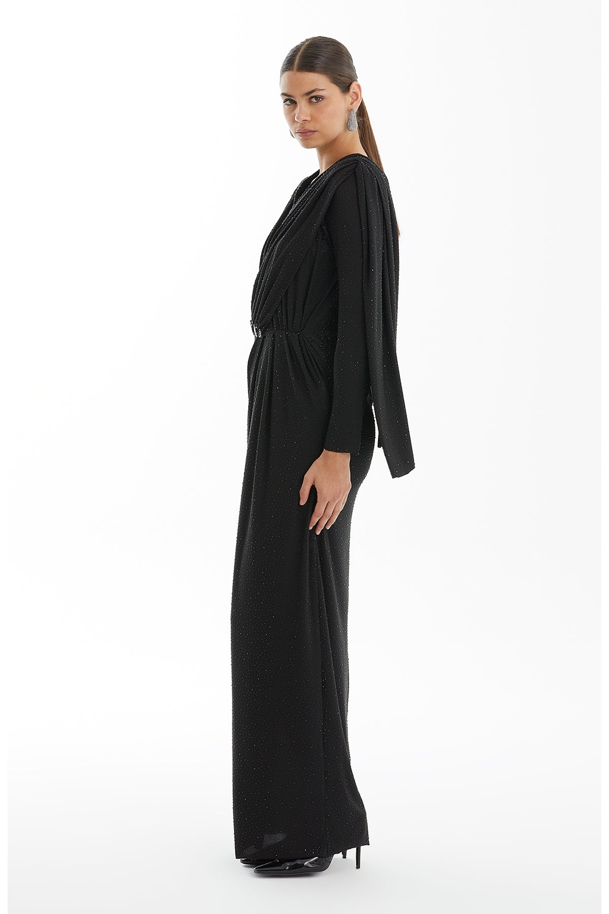 Black Black Embroidered Gathered Dress