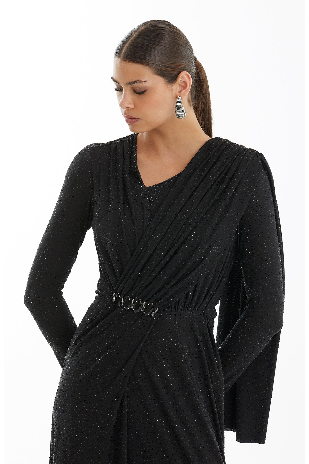 Black Black Embroidered Gathered Dress